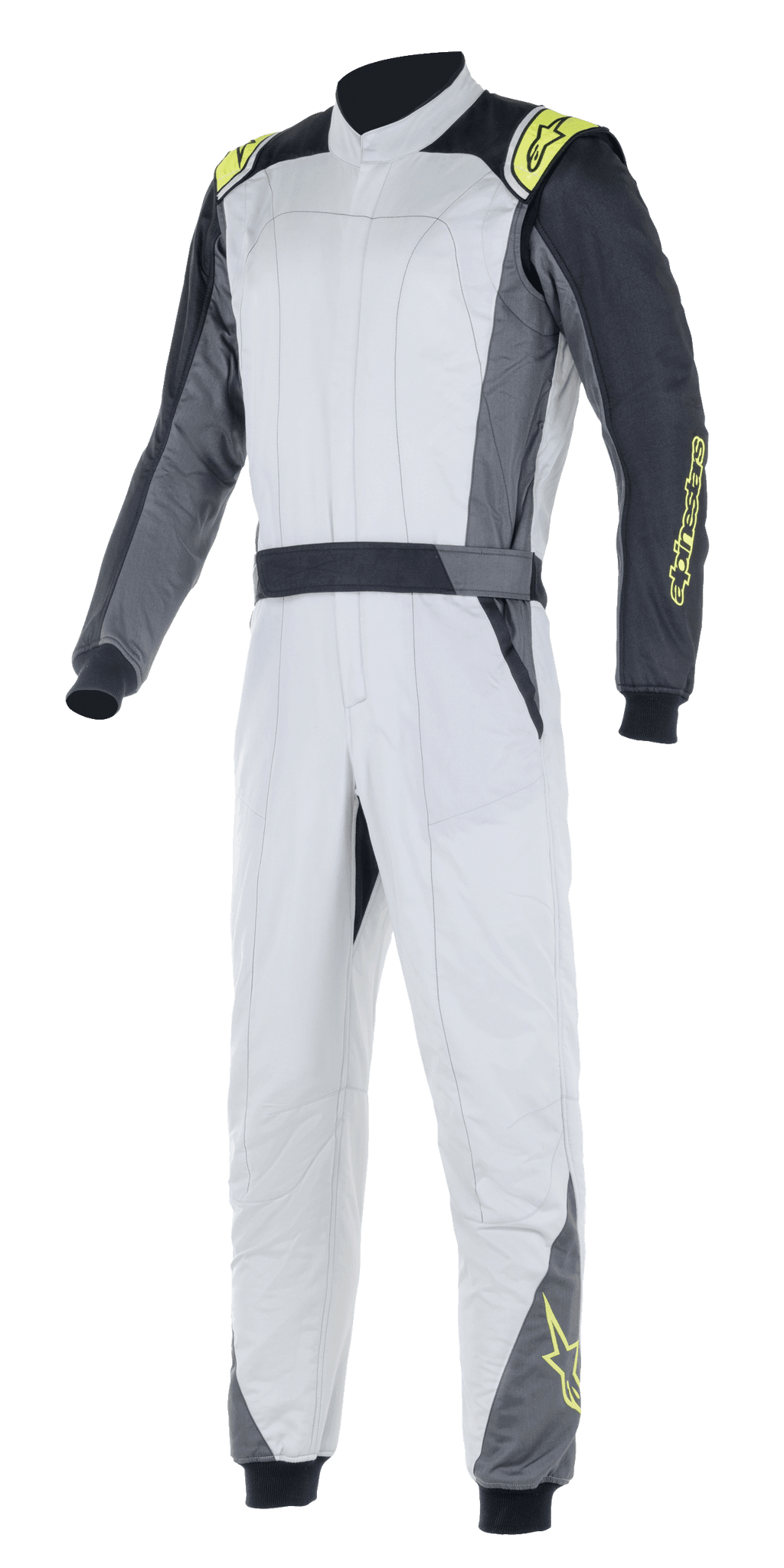 Alpinestars Atom FIA Suit, kombinezon wyścigowy, srebrny i antracytowy z akcentami w kolorze żółtym fluo, jednoczęściowy design z wysokim kołnierzem i elastycznymi mankietami, profesjonalna odzież ochronna do wyścigów samochodowych