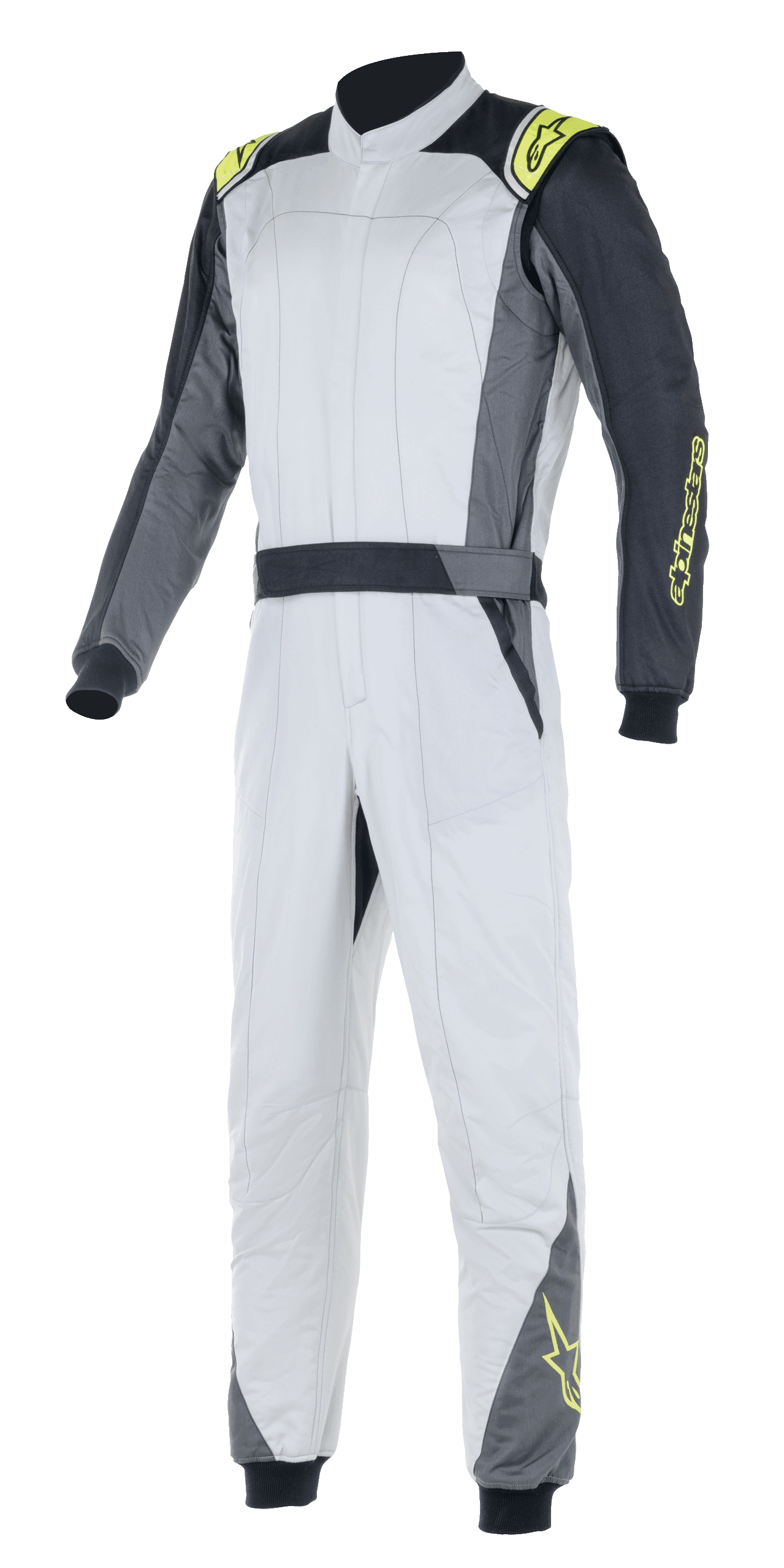 Alpinestars Atom FIA Suit, kombinezon wyścigowy, srebrny i antracytowy z akcentami w kolorze żółtym fluo, jednoczęściowy design z wysokim kołnierzem i elastycznymi mankietami, profesjonalna odzież ochronna do wyścigów samochodowych