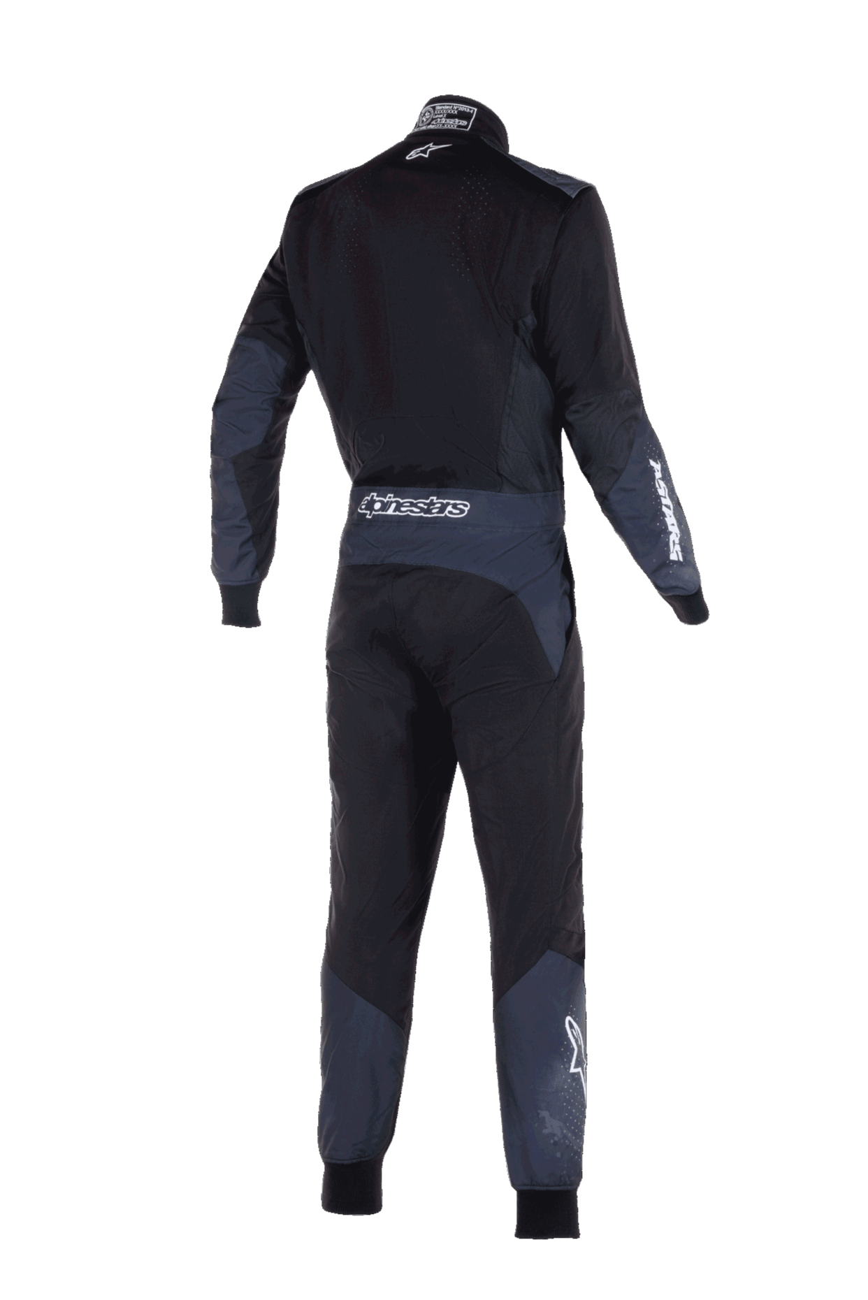Alpinestars KMX-5 V3 Suit, kartingowy kombinezon wyścigowy, czarny i ciemnoszary (Dark Shadow), widok z tyłu z białym logo Alpinestars na pasie i rękawie, ciemnoszare panele techniczne na ramionach i nogawkach, smukły wyczynowy design