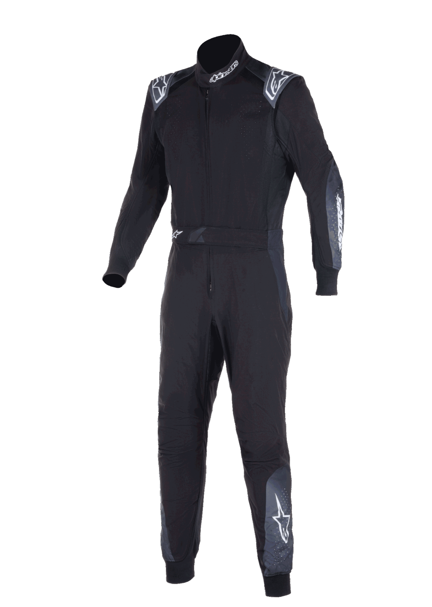 Kombinezon Alpinestars KMX-5 V3, kombinezon kartingowy, czarny i ciemnoszary, jednoczęściowy kombinezon wyścigowy z białym logo Alpinestars na ramionach, kołnierzu i nogawkach, techniczna dwuwarstwowa konstrukcja do profesjonalnego kartingu.