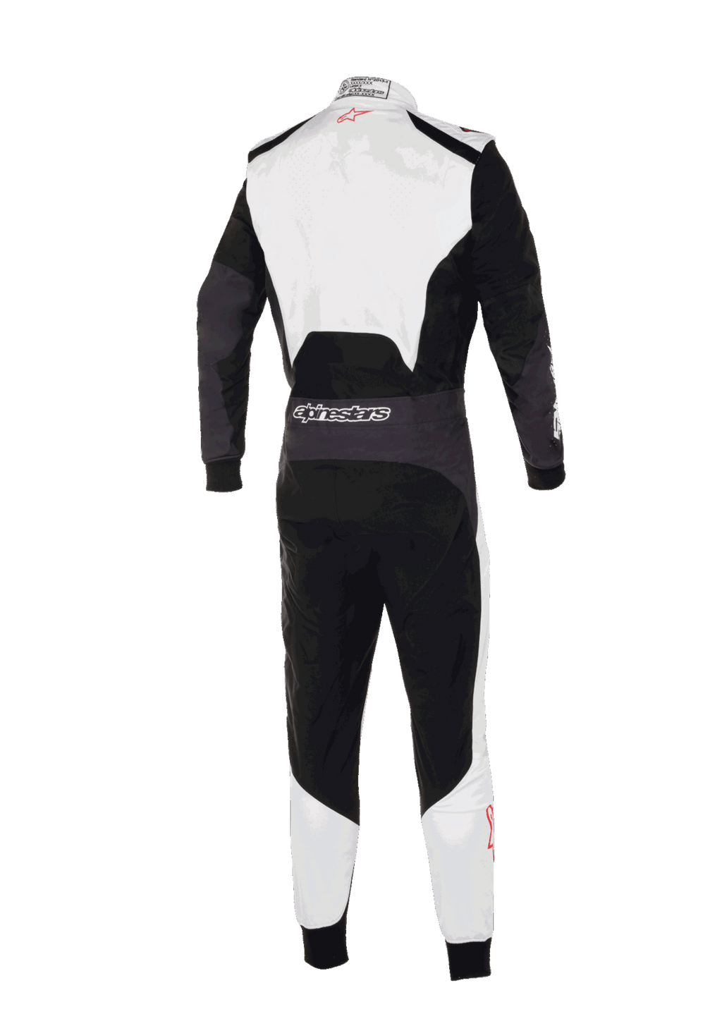 Kombinezon Alpinestars KMX-5 V3, widok z tyłu profesjonalnego kombinezonu kartingowego, biały, czarny i jaskrawoczerwony, z białą górną częścią pleców i dolną częścią nogawek oraz czarnymi panelami głównymi, logo Alpinestars na tylnej części pasa, ergonomiczna konstrukcja do profesjonalnych wyścigów.