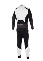 Kombinezon Alpinestars KMX-5 V3, widok z tyłu profesjonalnego kombinezonu kartingowego, biały, czarny i jaskrawoczerwony, z białą górną częścią pleców i dolną częścią nogawek oraz czarnymi panelami głównymi, logo Alpinestars na tylnej części pasa, ergonomiczna konstrukcja do profesjonalnych wyścigów.