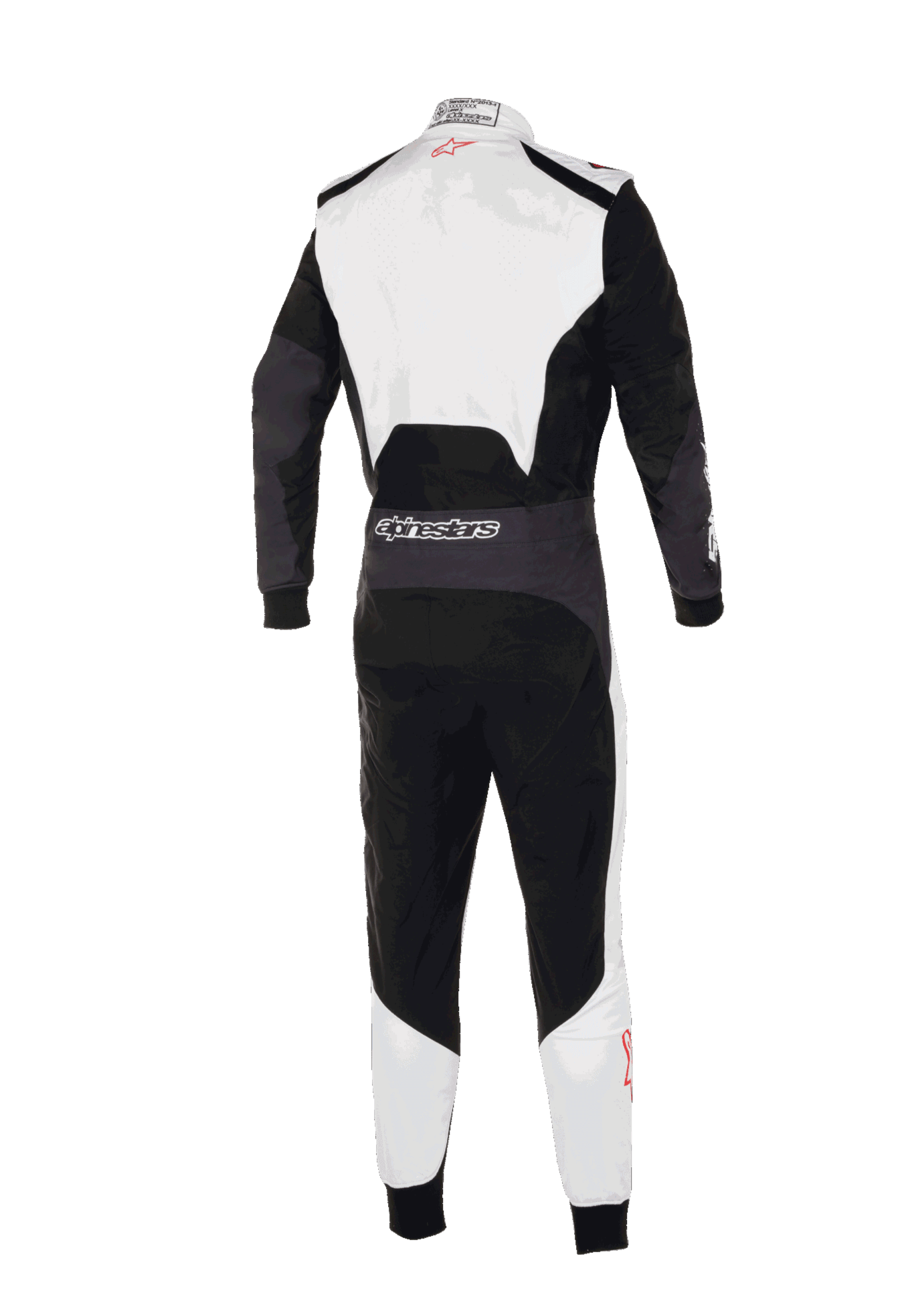 Kombinezon Alpinestars KMX-5 V3, widok z tyłu profesjonalnego kombinezonu kartingowego, biały, czarny i jaskrawoczerwony, z białą górną częścią pleców i dolną częścią nogawek oraz czarnymi panelami głównymi, logo Alpinestars na tylnej części pasa, ergonomiczna konstrukcja do profesjonalnych wyścigów.