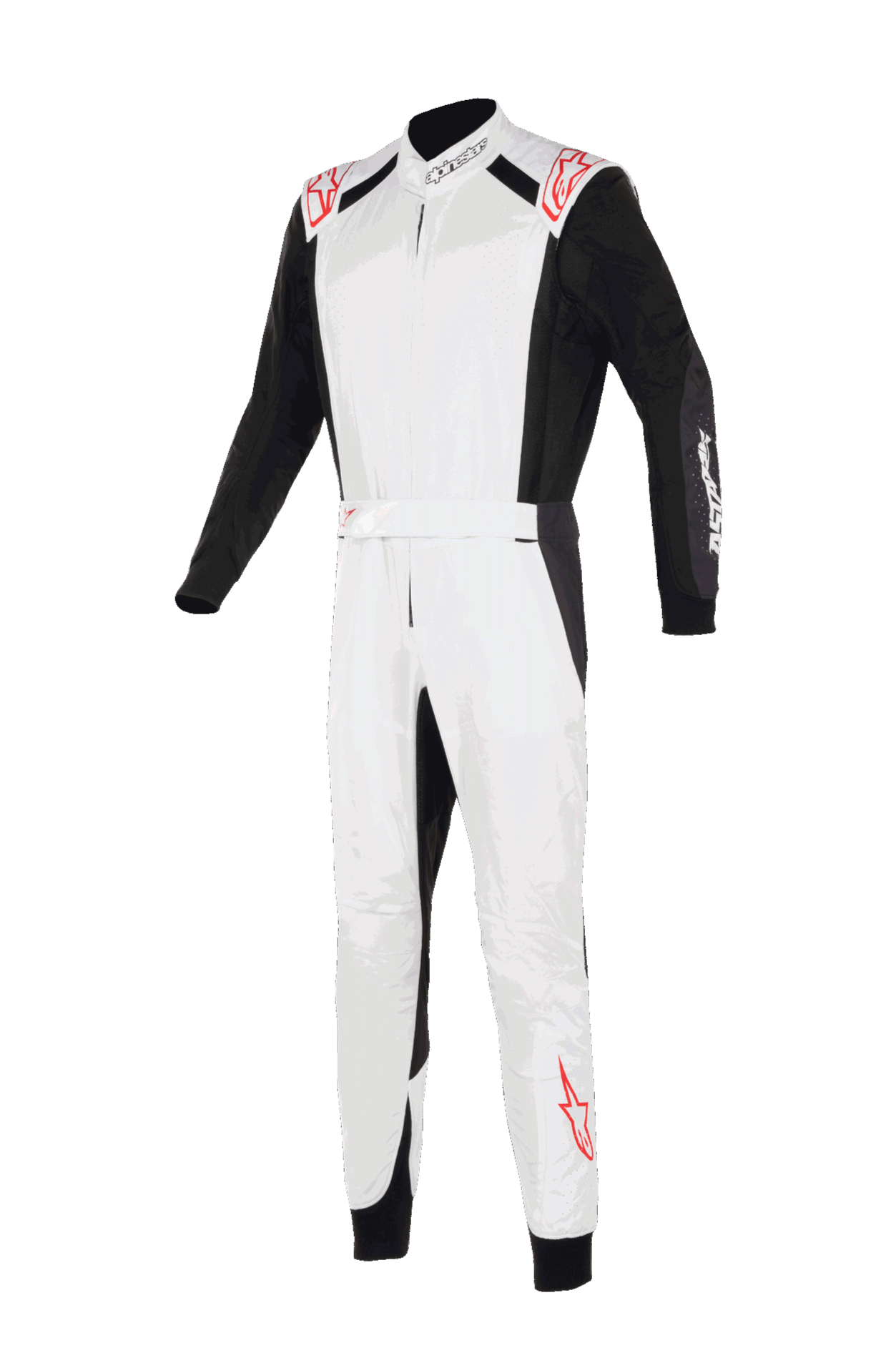 Kombinezon Alpinestars KMX-5 V3, kombinezon kartingowy, biały, czarny i jaskrawoczerwony, widok z przodu, biała klatka piersiowa i nogawki z czarnymi rękawami i panelami bocznymi, czerwone logo gwiazdy na ramionach i dolnej części nogawki, profesjonalny design wyścigowy do kartingu.