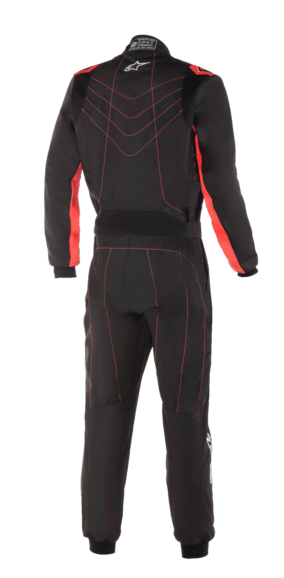 Alpinestars KMX-9 V3 Suit, kombinezon kartingowy, czarny z czerwonymi fluorescencyjnymi akcentami, widok z tyłu z czerwonymi przeszyciami i białym logo Astars na kołnierzu, profesjonalna odzież wyścigowa