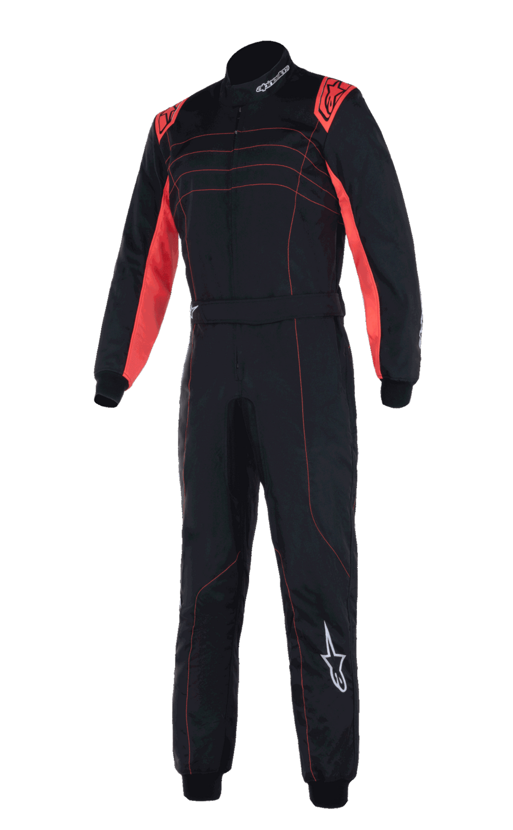 Alpinestars KMX-9 V3 Suit, profesjonalny kombinezon kartingowy, czarny z czerwonymi fluorescencyjnymi akcentami, dwuwarstwowa konstrukcja z czerwonymi panelami na ramionach i wewnętrznej stronie rękawów, czerwone ozdobne przeszycia, białe logo Alpinestars na lewej nogawce