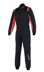 Alpinestars KMX-9 V3 Suit, profesjonalny kombinezon kartingowy, czarny z czerwonymi fluorescencyjnymi akcentami, dwuwarstwowa konstrukcja z czerwonymi panelami na ramionach i wewnętrznej stronie rękawów, czerwone ozdobne przeszycia, białe logo Alpinestars na lewej nogawce
