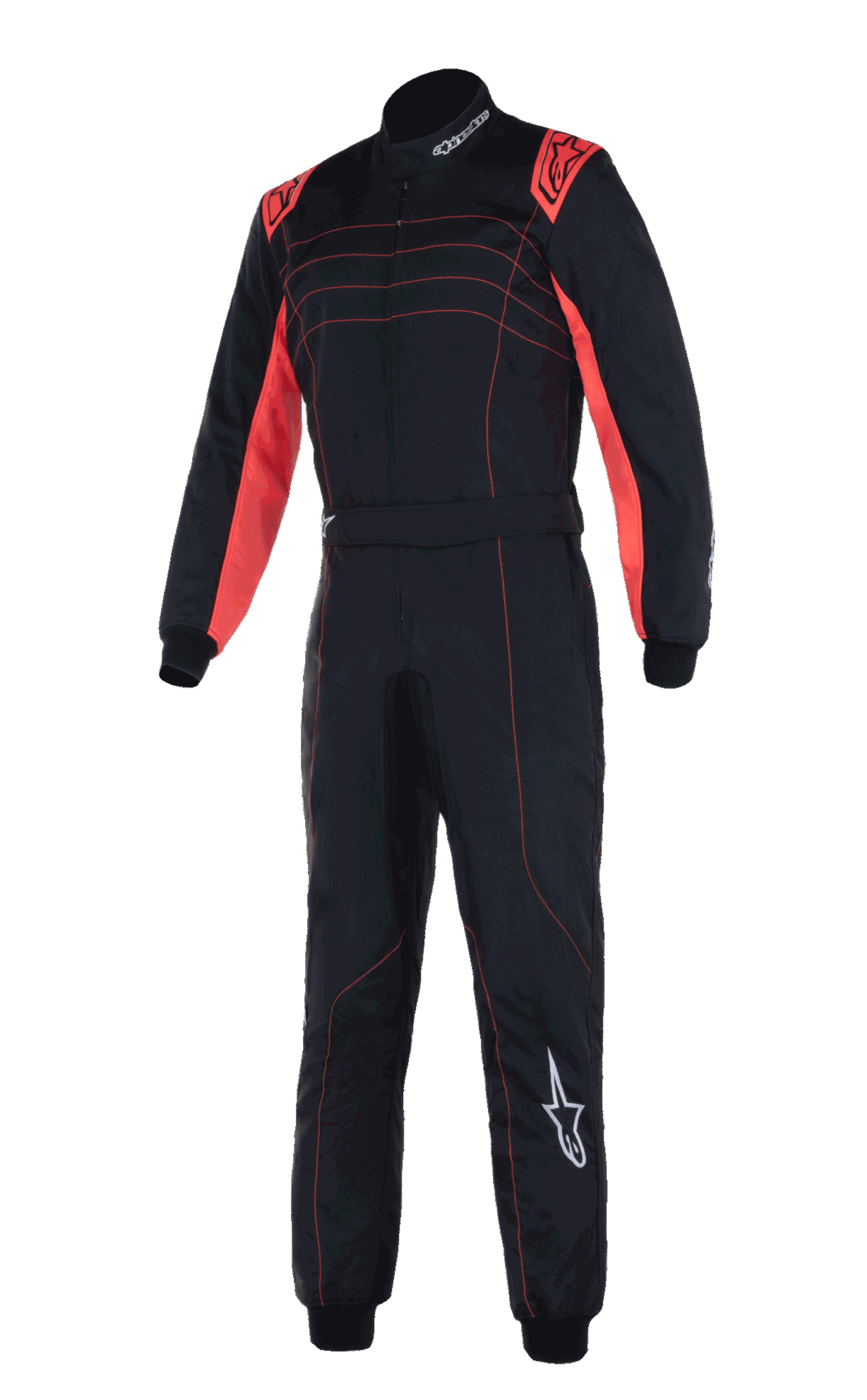 Alpinestars KMX-9 V3 Suit, profesjonalny kombinezon kartingowy, czarny z czerwonymi fluorescencyjnymi akcentami, dwuwarstwowa konstrukcja z czerwonymi panelami na ramionach i wewnętrznej stronie rękawów, czerwone ozdobne przeszycia, białe logo Alpinestars na lewej nogawce