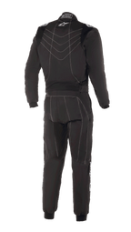 Alpinestars KMX-9 V3 Suit, Karting Suit, Black and White, rear view featuring white decorative stitching, small Alpinestars star logo on the upper back, knitted wrist and ankle cuffs, designed for kart racing