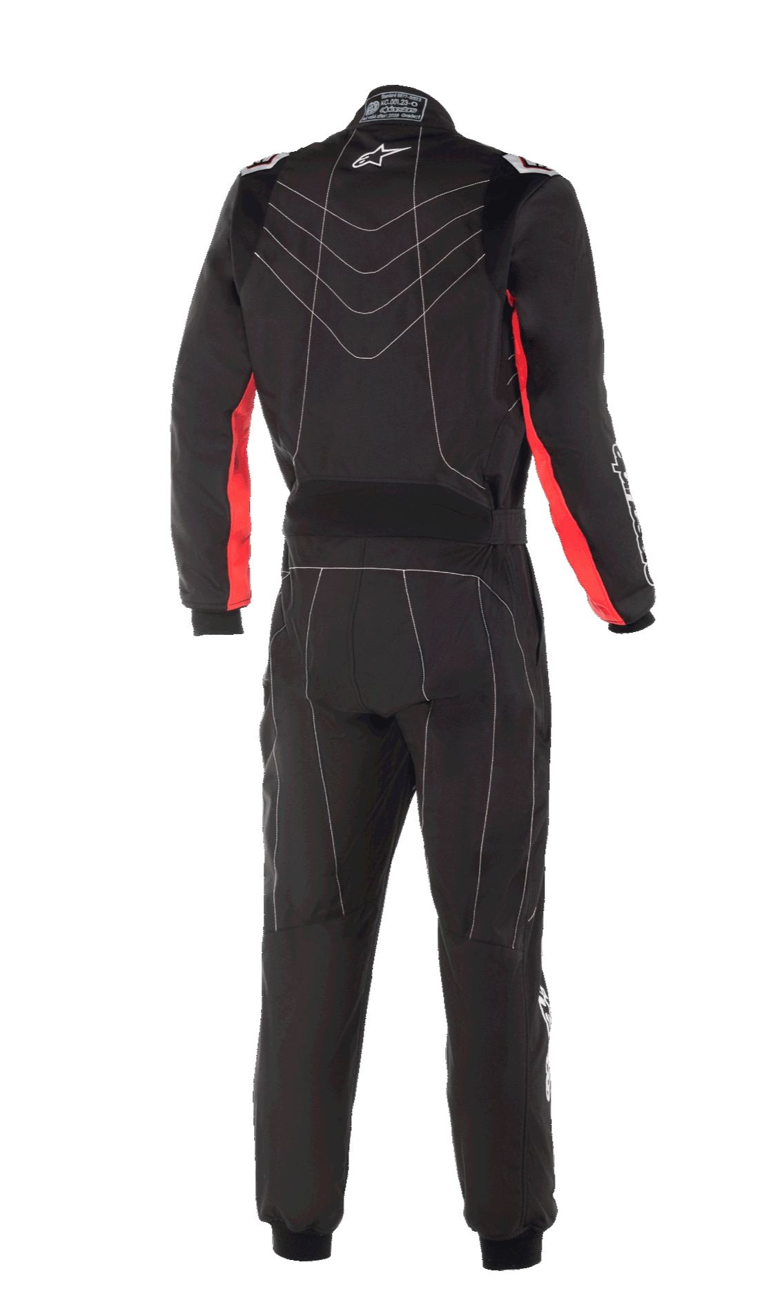 Alpinestars KMX-9 V3 Suit, Karting Suit, Black Red White, back view featuring red side panels on sleeves, white contrast stitching, and Alpinestars logo, professional motorsport racing gear