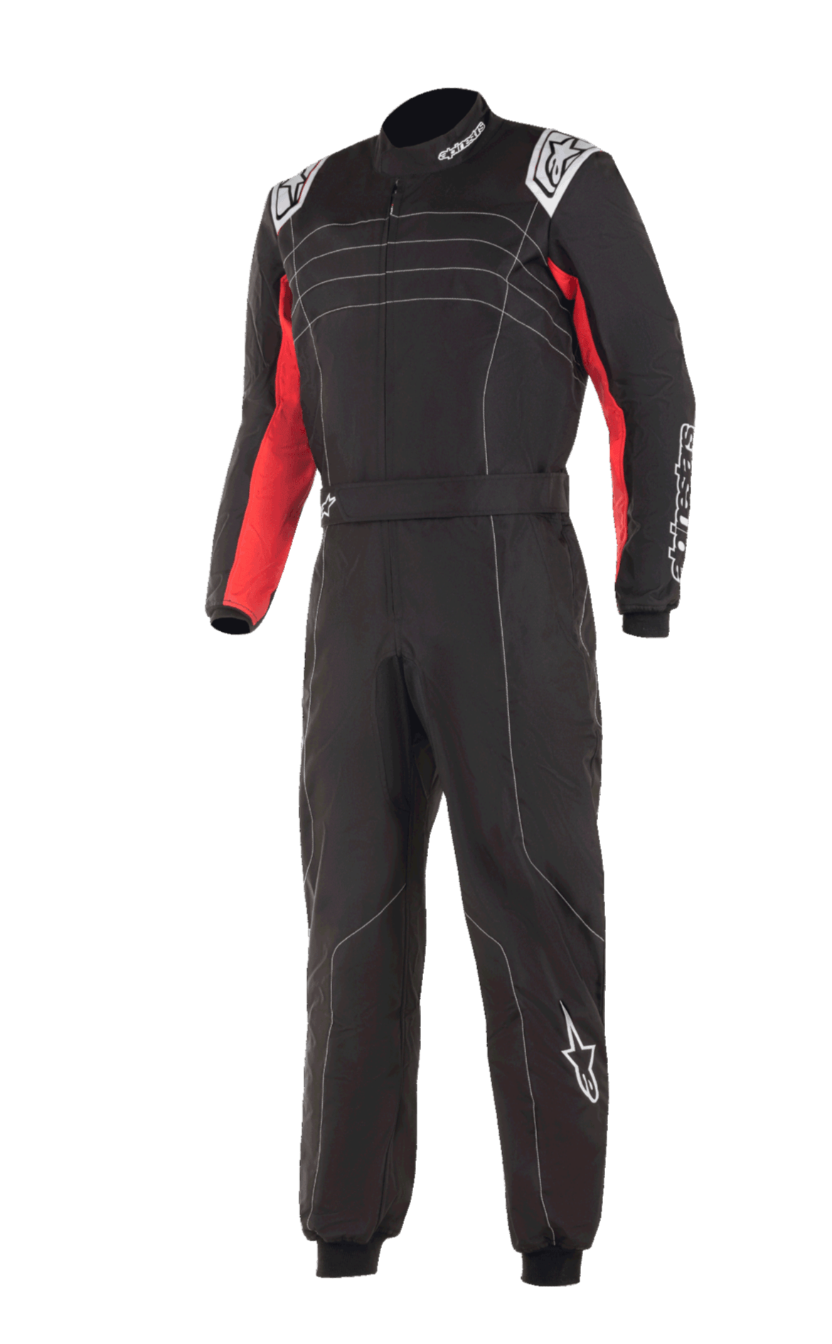 Alpinestars KMX-9 V3 Suit, Karting Suit, Black Red and White, featuring white contrast stitching, red inner arm panels, white Alpinestars branding on shoulders and leg, professional one-piece motorsport racing gear.