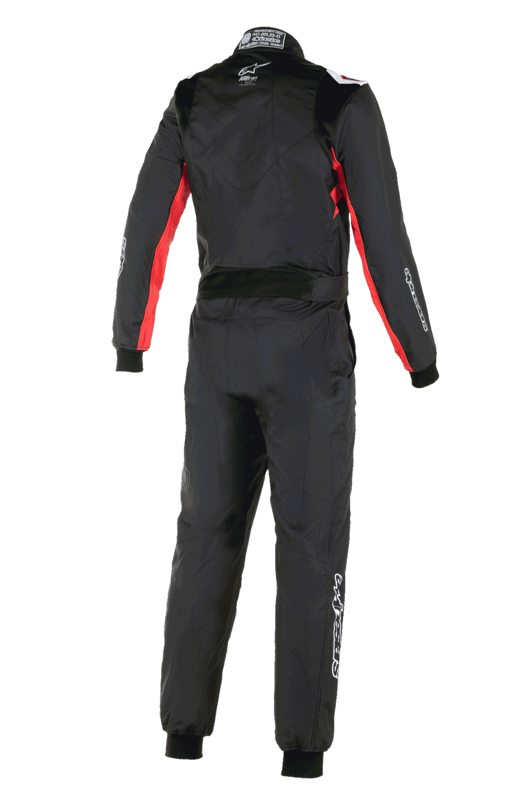 Kombinezon Alpinestars KMX-9 V3 Graphic 3, kombinezon kartingowy, czarno-czerwony, widok z tyłu pokazujący czerwone akcenty na rękawach i bokach, białe logo Alpinestars na karku oraz białe oznakowanie na nogawce, profesjonalny jednoczęściowy kombinezon wyścigowy