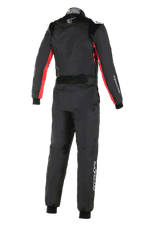 Kombinezon Alpinestars KMX-9 V3 Graphic 3, kombinezon kartingowy, czarno-czerwony, widok z tyłu pokazujący czerwone akcenty na rękawach i bokach, białe logo Alpinestars na karku oraz białe oznakowanie na nogawce, profesjonalny jednoczęściowy kombinezon wyścigowy