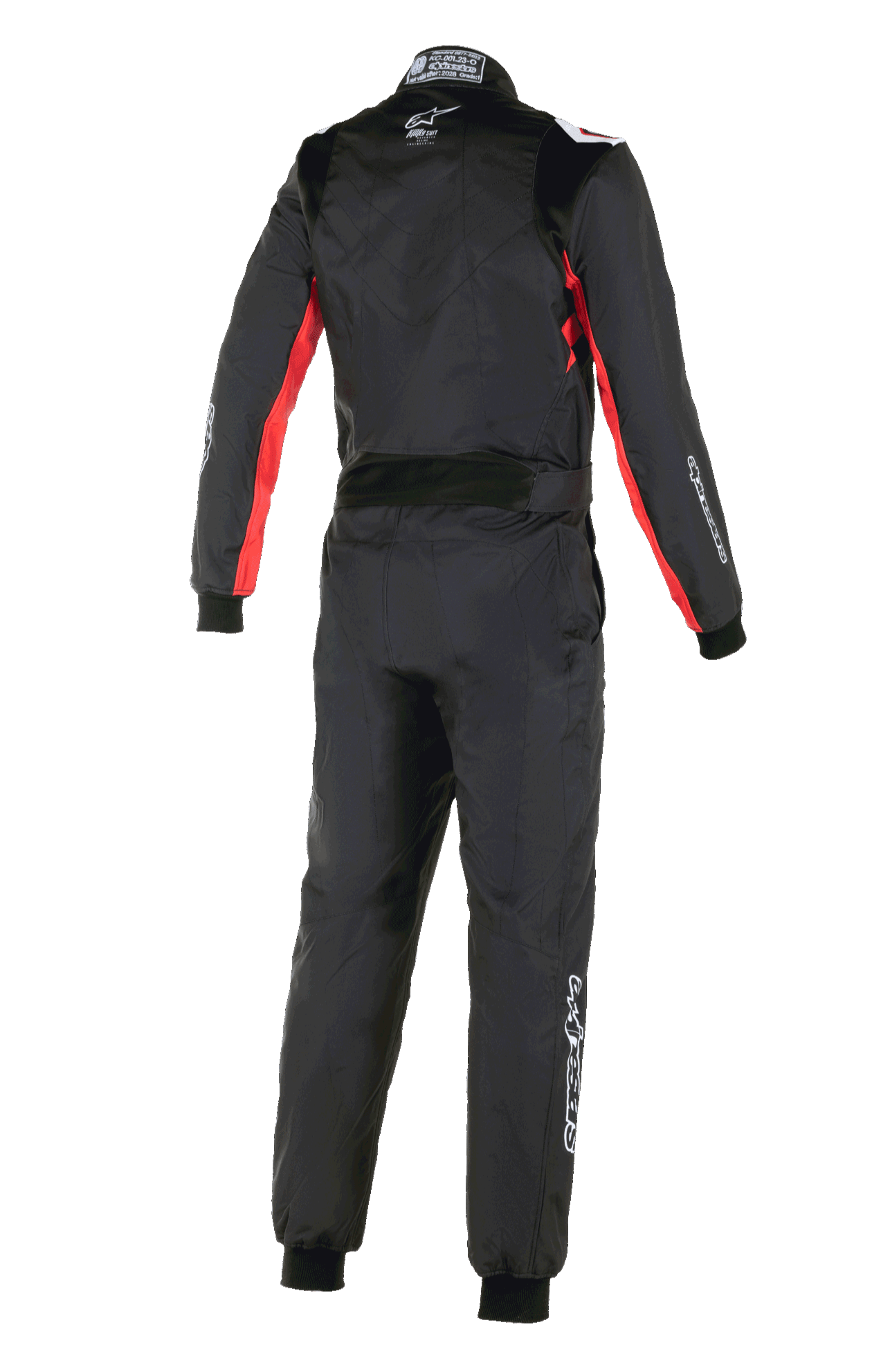 Kombinezon Alpinestars KMX-9 V3 Graphic 3, kombinezon kartingowy, czarno-czerwony, widok z tyłu pokazujący czerwone akcenty na rękawach i bokach, białe logo Alpinestars na karku oraz białe oznakowanie na nogawce, profesjonalny jednoczęściowy kombinezon wyścigowy