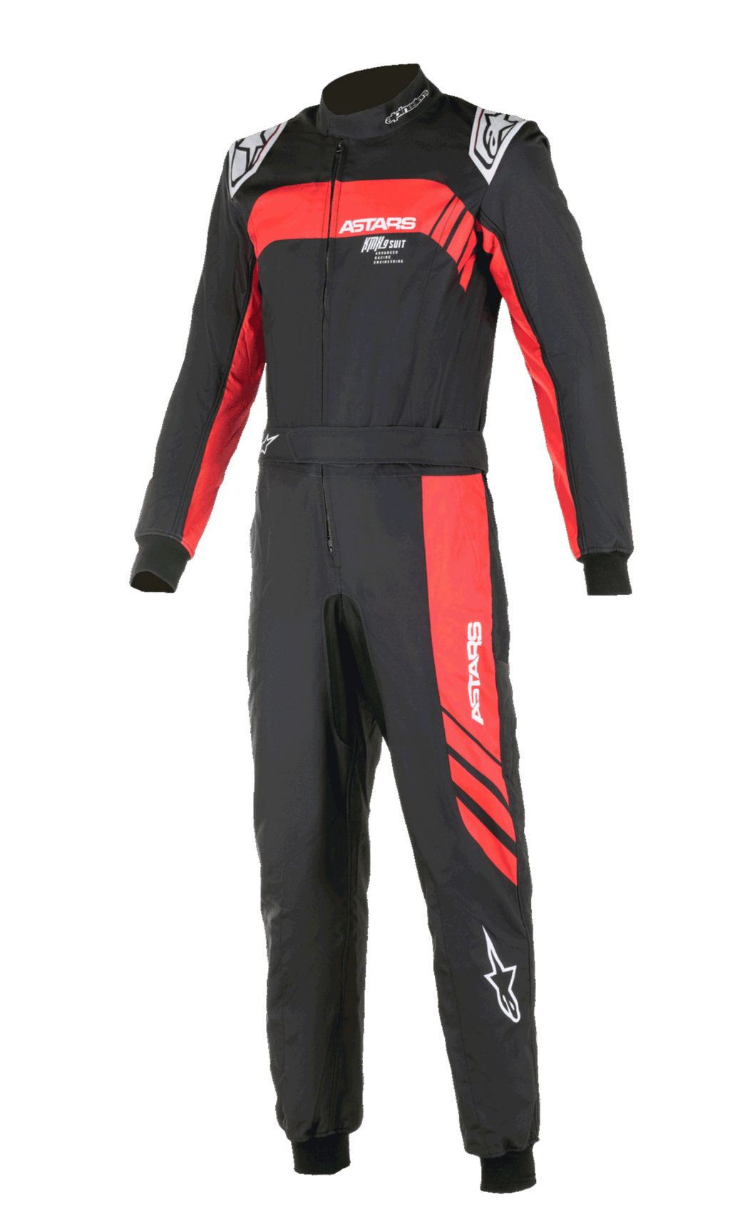 Alpinestars KMX-9 V3 Graphic 3 Suit, kombinezon kartingowy, czarno-czerwony, jednoczęściowy design z czerwonymi akcentami graficznymi na klatce piersiowej i nogawce, białe logo, prążkowane ściągacze na nadgarstkach i kostkach, wysoki kołnierz, profesjonalna odzież wyścigowa