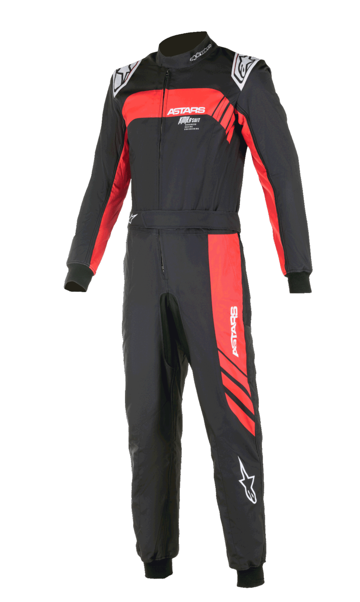 Alpinestars KMX-9 V3 Graphic 3 Suit, kombinezon kartingowy, czarno-czerwony, jednoczęściowy design z czerwonymi akcentami graficznymi na klatce piersiowej i nogawce, białe logo, prążkowane ściągacze na nadgarstkach i kostkach, wysoki kołnierz, profesjonalna odzież wyścigowa