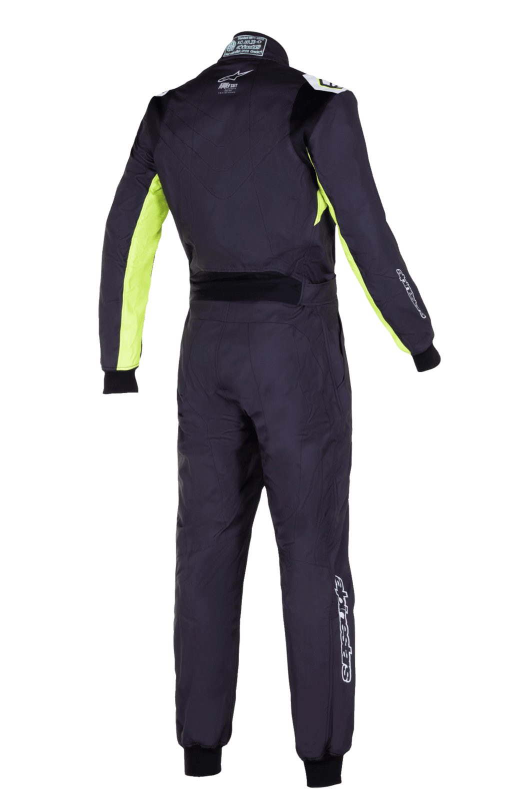 Alpinestars KMX-9 V3 Graphic 3 Suit, kombinezon kartingowy, czarno-żółty fluo, widok z tyłu z fluorescencyjnymi żółtymi panelami na rękawach i po bokach, czarny elastyczny panel lędźwiowy, białe logo Alpinestars na plecach i nogawkach