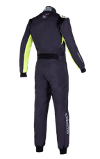 Alpinestars KMX-9 V3 Graphic 3 Suit, kombinezon kartingowy, czarno-żółty fluo, widok z tyłu z fluorescencyjnymi żółtymi panelami na rękawach i po bokach, czarny elastyczny panel lędźwiowy, białe logo Alpinestars na plecach i nogawkach