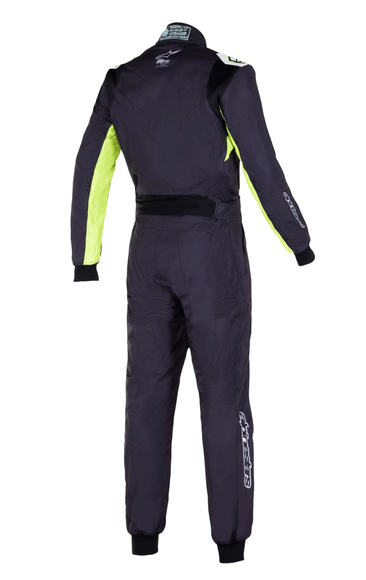 Alpinestars KMX-9 V3 Graphic 3 Suit, kombinezon kartingowy, czarno-żółty fluo, widok z tyłu z fluorescencyjnymi żółtymi panelami na rękawach i po bokach, czarny elastyczny panel lędźwiowy, białe logo Alpinestars na plecach i nogawkach