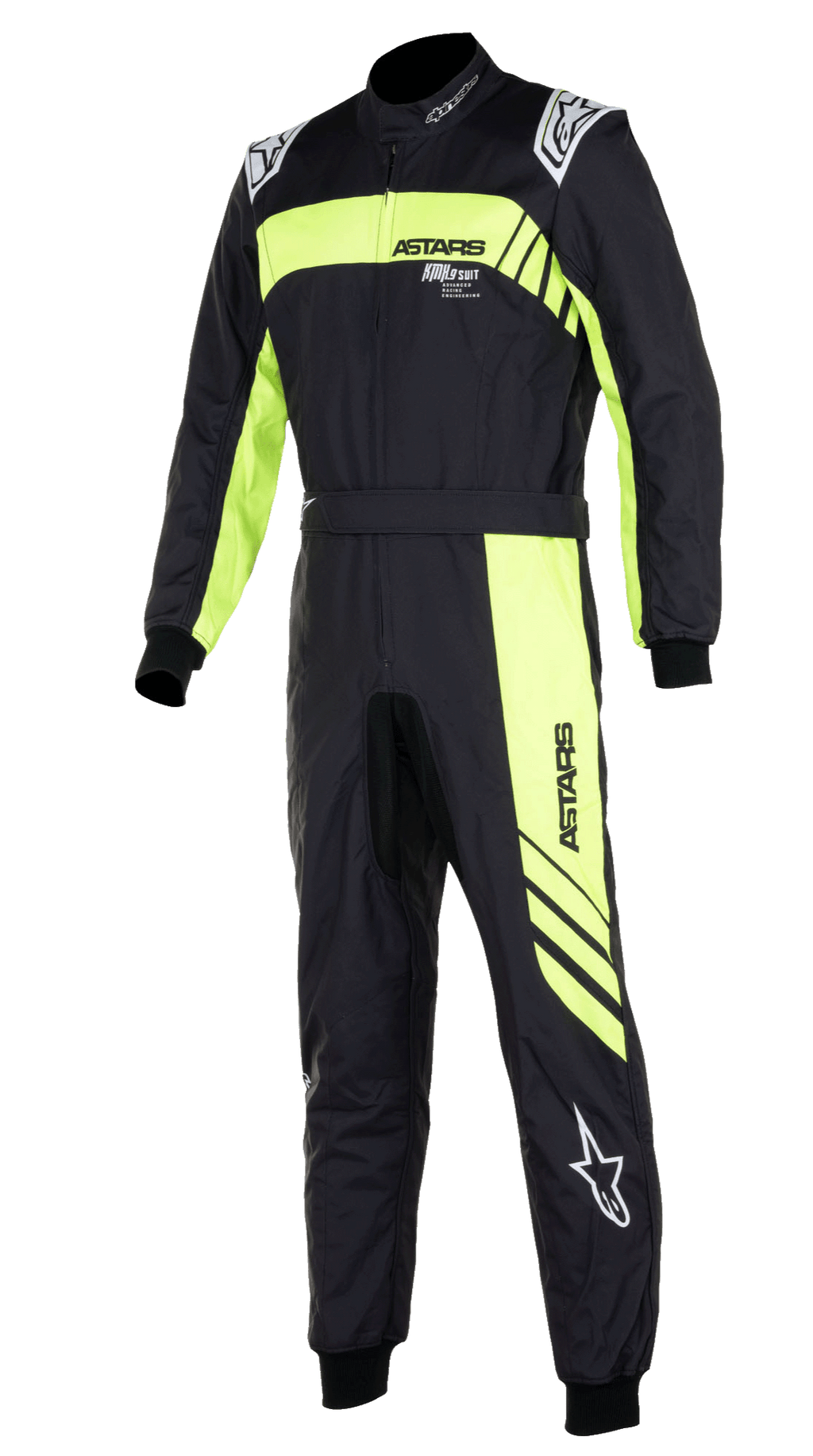 Alpinestars KMX-9 V3 Graphic 3 Suit, jednoczęściowy kombinezon kartingowy w kolorze czarnym i żółtym fluo, z wyraźnymi fluorescencyjnymi żółtymi pasami na klatce piersiowej i wzdłuż nogawki, białe logo Alpinestars na ramionach i dole nogawki, dzianinowe ściągacze na nadgarstkach i kostkach, wysokiej klasy odzież wyścigowa