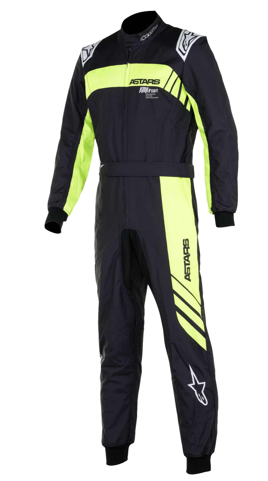 Alpinestars KMX-9 V3 Graphic 3 Suit, jednoczęściowy kombinezon kartingowy w kolorze czarnym i żółtym fluo, z wyraźnymi fluorescencyjnymi żółtymi pasami na klatce piersiowej i wzdłuż nogawki, białe logo Alpinestars na ramionach i dole nogawki, dzianinowe ściągacze na nadgarstkach i kostkach, wysokiej klasy odzież wyścigowa
