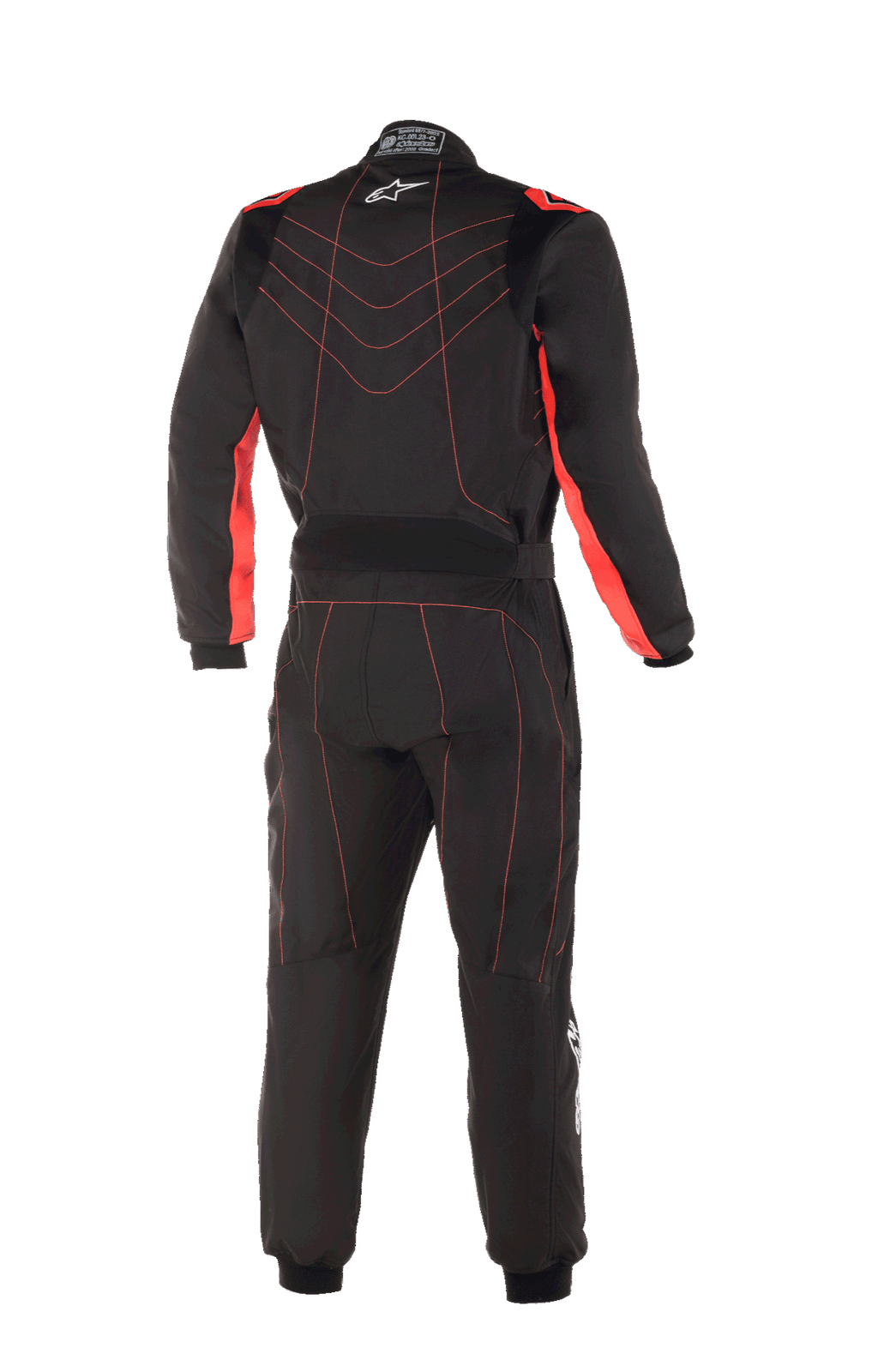 Alpinestars Youth KMX-9 V3 Suit, kombinezon kartingowy, czarny i czerwony fluo, widok z tyłu z czerwonymi kontrastowymi szwami w jodełkę na plecach, czerwonymi panelami na wewnętrznej stronie ramion, małym białym logo gwiazdy na kołnierzu i regulowanym pasem dla profesjonalnego wyścigowego wyglądu.