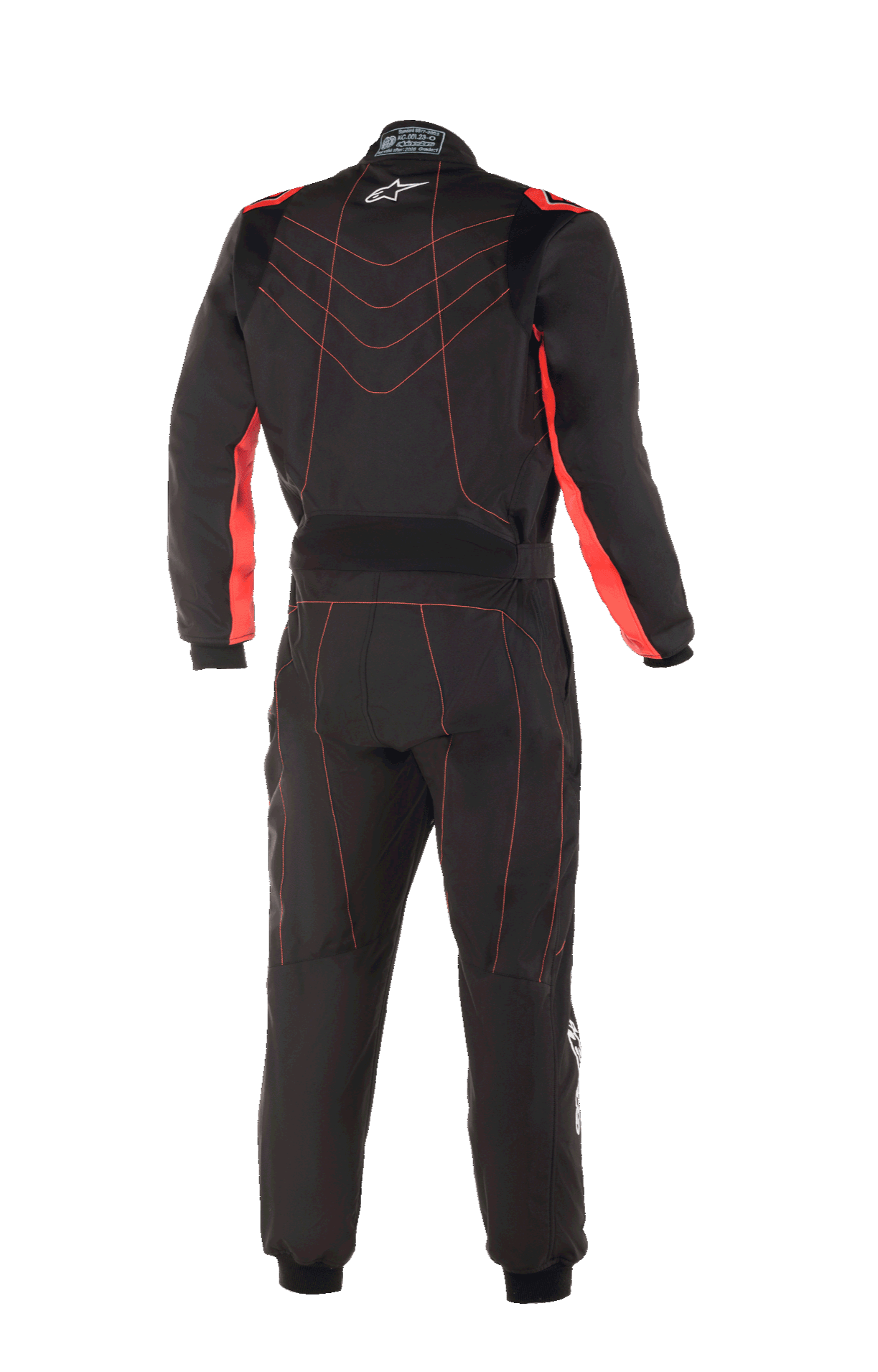 Alpinestars Youth KMX-9 V3 Suit, kombinezon kartingowy, czarny i czerwony fluo, widok z tyłu z czerwonymi kontrastowymi szwami w jodełkę na plecach, czerwonymi panelami na wewnętrznej stronie ramion, małym białym logo gwiazdy na kołnierzu i regulowanym pasem dla profesjonalnego wyścigowego wyglądu.