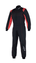 Alpinestars Youth KMX-9 V3 Suit, kombinezon kartingowy, czarno-czerwony fluo, jednoczęściowy design z czerwonymi akcentami na ramionach i przeszyciami, białe logo Alpinestars, konstrukcja z wysokim kołnierzem do zawodów młodzieżowych
