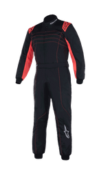 Alpinestars Youth KMX-9 V3 Suit, kombinezon kartingowy, czarno-czerwony fluo, jednoczęściowy design z czerwonymi akcentami na ramionach i przeszyciami, białe logo Alpinestars, konstrukcja z wysokim kołnierzem do zawodów młodzieżowych