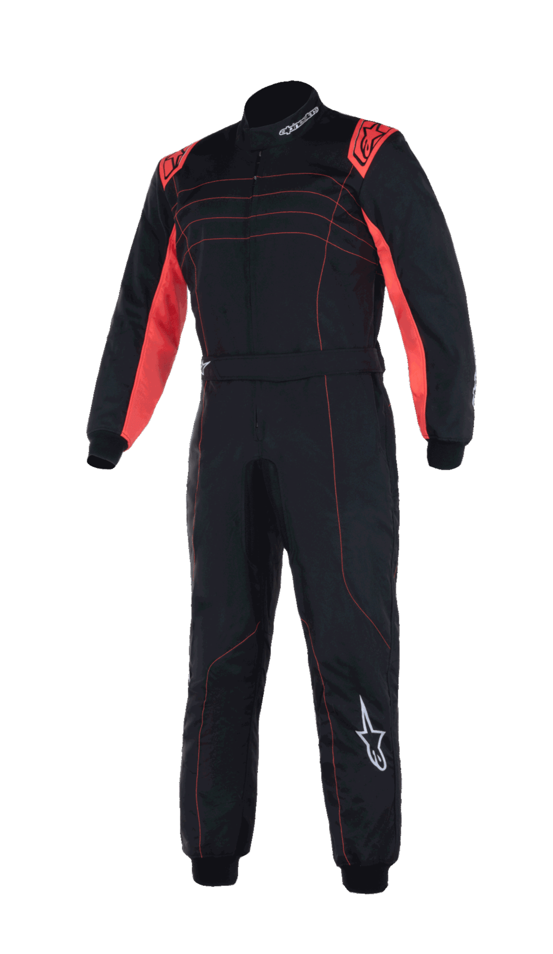 Alpinestars Youth KMX-9 V3 Suit, kombinezon kartingowy, czarno-czerwony fluo, jednoczęściowy design z czerwonymi akcentami na ramionach i przeszyciami, białe logo Alpinestars, konstrukcja z wysokim kołnierzem do zawodów młodzieżowych