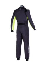 Alpinestars Youth KMX-9 V3 Suit Graphic 3, młodzieżowy kombinezon kartingowy, czarny z neonowożółtymi akcentami, widok z tyłu jednoczęściowego kombinezonu wyścigowego z elastycznymi panelami na plecach i ramionach, neonowożółte detale po wewnętrznej stronie ramion, logo Alpinestars na kołnierzu i dolnej części nogawki
