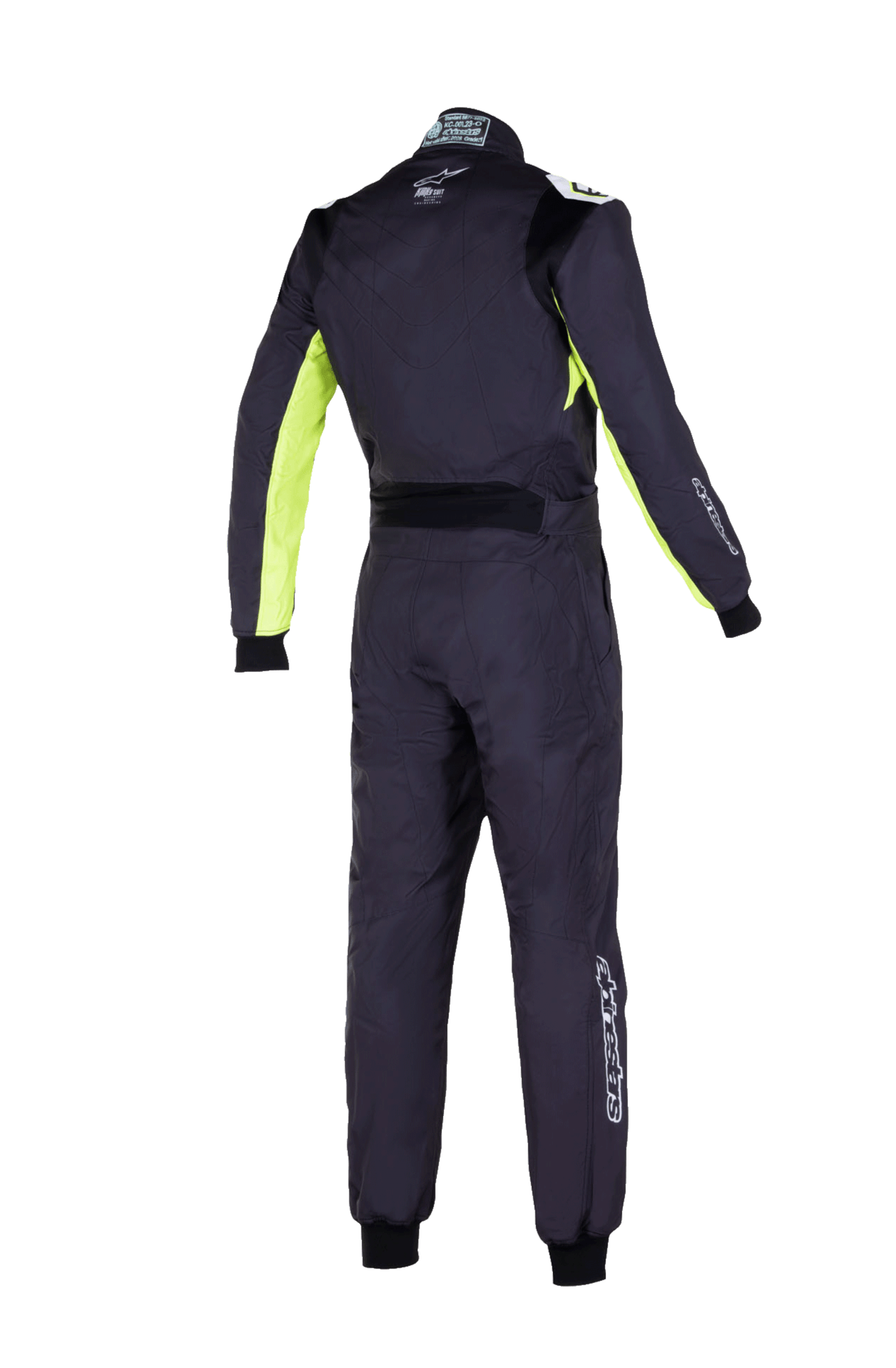 Alpinestars Youth KMX-9 V3 Suit Graphic 3, młodzieżowy kombinezon kartingowy, czarny z neonowożółtymi akcentami, widok z tyłu jednoczęściowego kombinezonu wyścigowego z elastycznymi panelami na plecach i ramionach, neonowożółte detale po wewnętrznej stronie ramion, logo Alpinestars na kołnierzu i dolnej części nogawki
