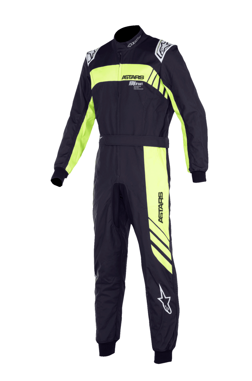Alpinestars Youth KMX-9 V3 Suit Graphic 3, kombinezon kartingowy, czarny i żółty fluo, jednoczęściowa konstrukcja z wysokim kołnierzem, pasem w talii i ściągaczami na mankietach, z wyraźnym brandingiem „ASTARS” i grafiką w ukośne pasy