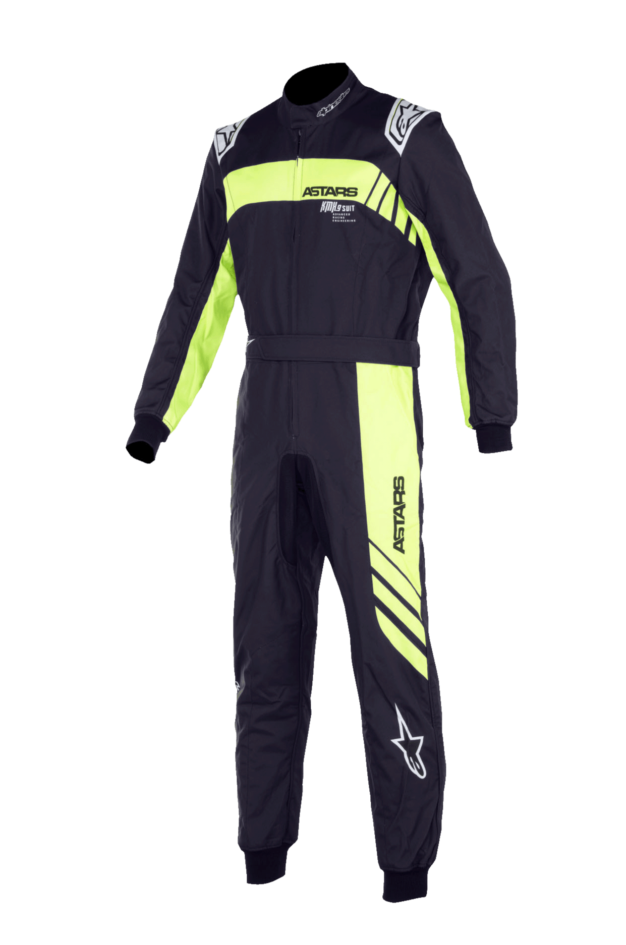 Alpinestars Youth KMX-9 V3 Suit Graphic 3, kombinezon kartingowy, czarny i żółty fluo, jednoczęściowa konstrukcja z wysokim kołnierzem, pasem w talii i ściągaczami na mankietach, z wyraźnym brandingiem „ASTARS” i grafiką w ukośne pasy