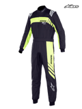 Alpinestars KMX-9 V3 Graphic 3, młodzieżowy kombinezon kartingowy, czarny i żółty fluo, certyfikowany kombinezon wyścigowy FIA, dwuwarstwowa konstrukcja i naramienniki inspirowane Formułą 1, widok z przodu