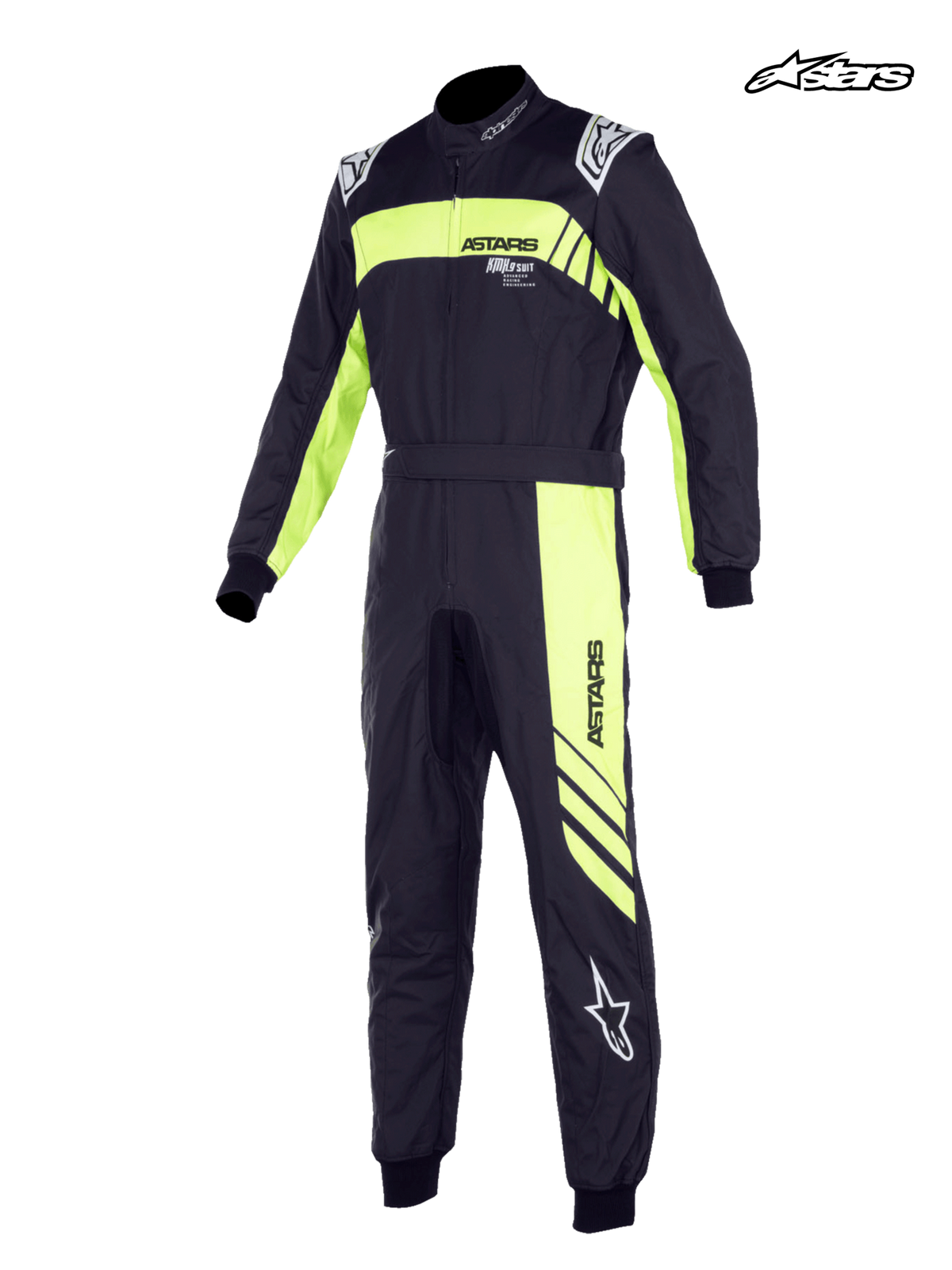 Alpinestars KMX-9 V3 Graphic 3, młodzieżowy kombinezon kartingowy, czarny i żółty fluo, certyfikowany kombinezon wyścigowy FIA, dwuwarstwowa konstrukcja i naramienniki inspirowane Formułą 1, widok z przodu