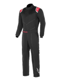 Alpinestars Kart Indoor Suit, czarno-czerwony kombinezon kartingowy, czerwone panele na ramionach z białym logo gwiazdy, regulowany pas w talii z czerwonym napisem Alpinestars, białe logo gwiazdy na dole lewej nogawki