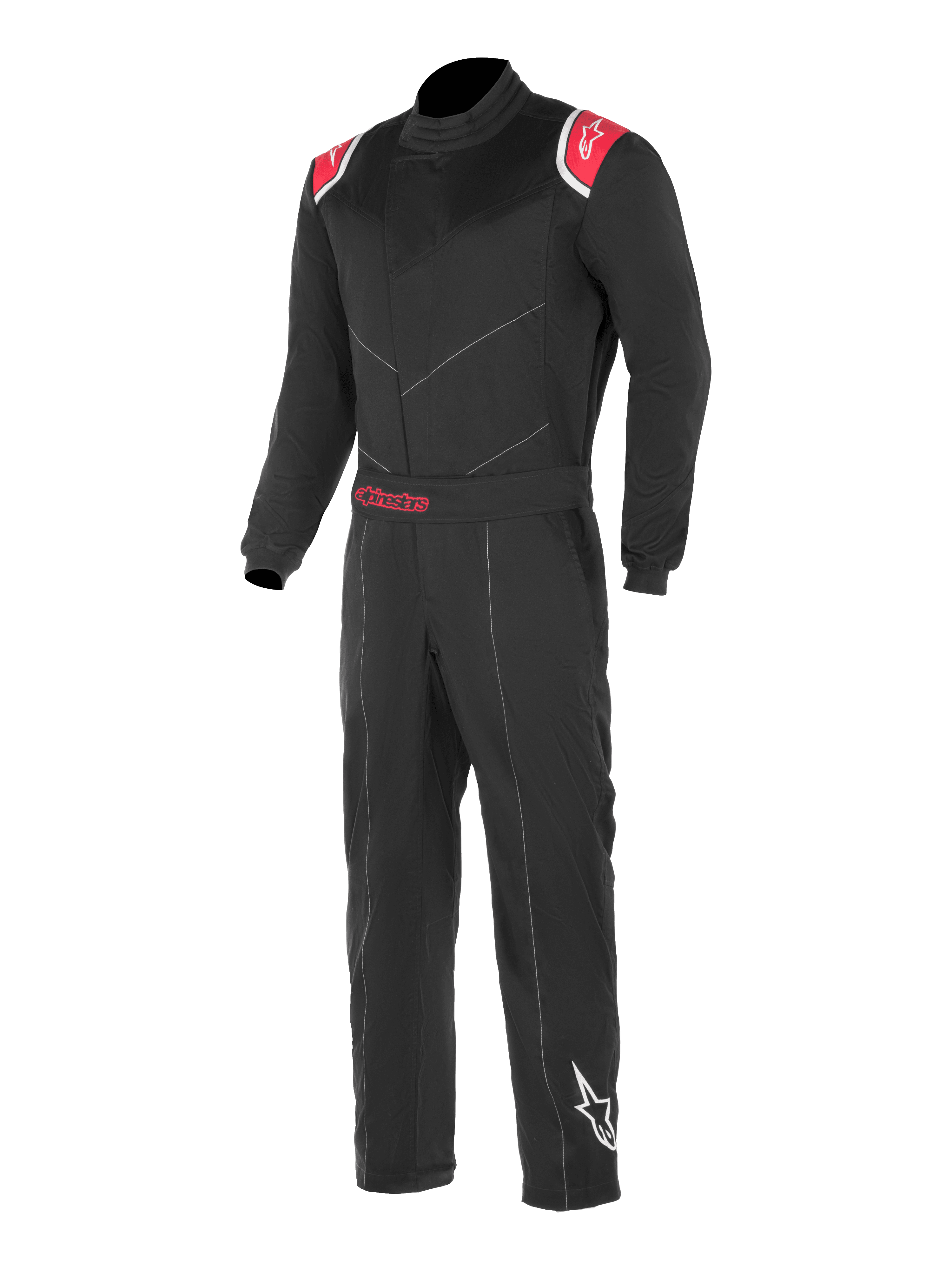 Alpinestars Kart Indoor Suit, czarno-czerwony kombinezon kartingowy, czerwone panele na ramionach z białym logo gwiazdy, regulowany pas w talii z czerwonym napisem Alpinestars, białe logo gwiazdy na dole lewej nogawki