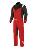 Alpinestars Kart Indoor Suit, kombinezon kartingowy, czerwony i czarny z białymi akcentami, czarne rękawy i górne panele klatki piersiowej, czerwony tułów i nogawki, z asymetrycznym zapięciem z przodu i regulowanym pasem w talii