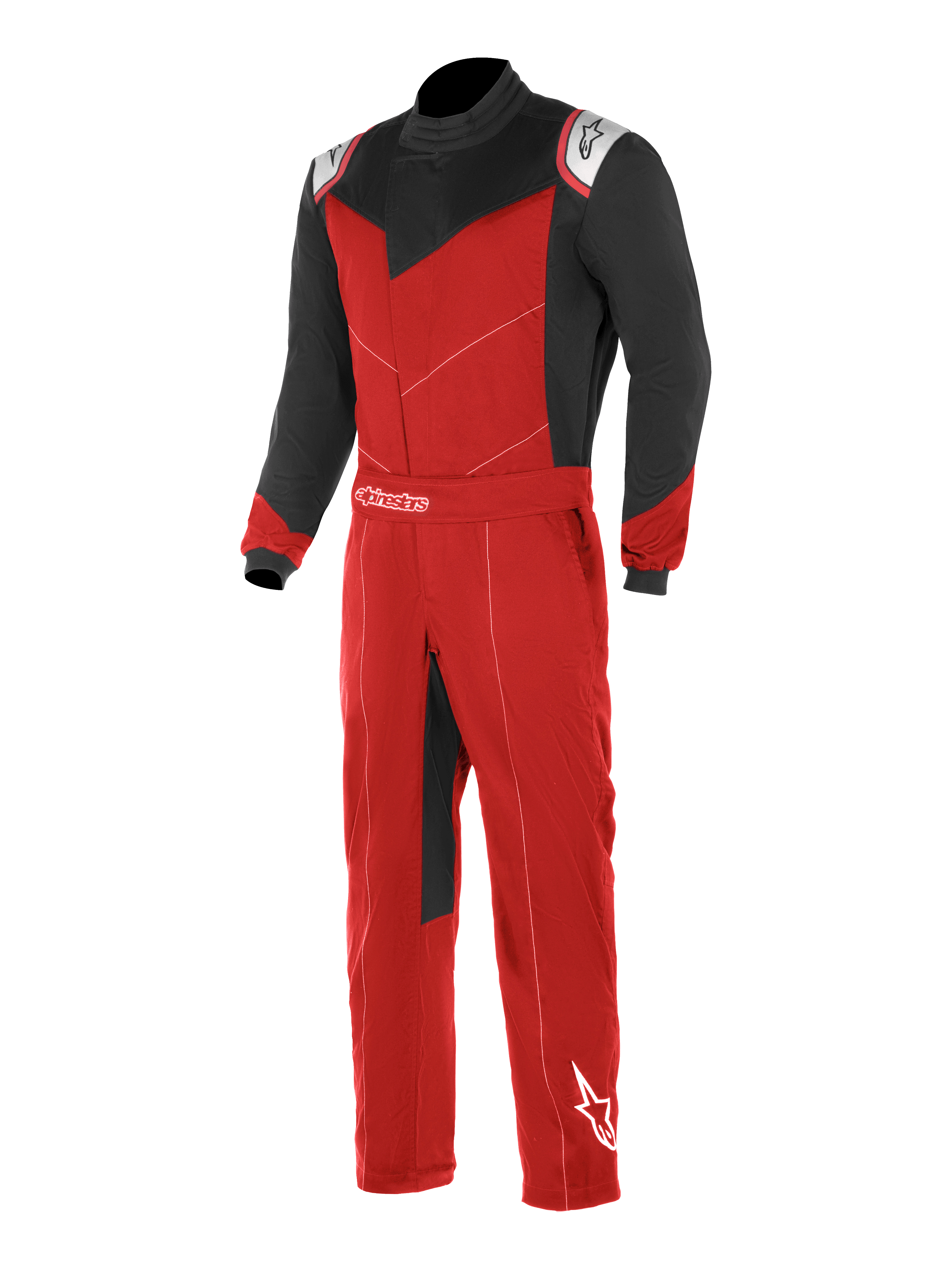 Alpinestars Kart Indoor Suit, kombinezon kartingowy, czerwony i czarny z białymi akcentami, czarne rękawy i górne panele klatki piersiowej, czerwony tułów i nogawki, z asymetrycznym zapięciem z przodu i regulowanym pasem w talii