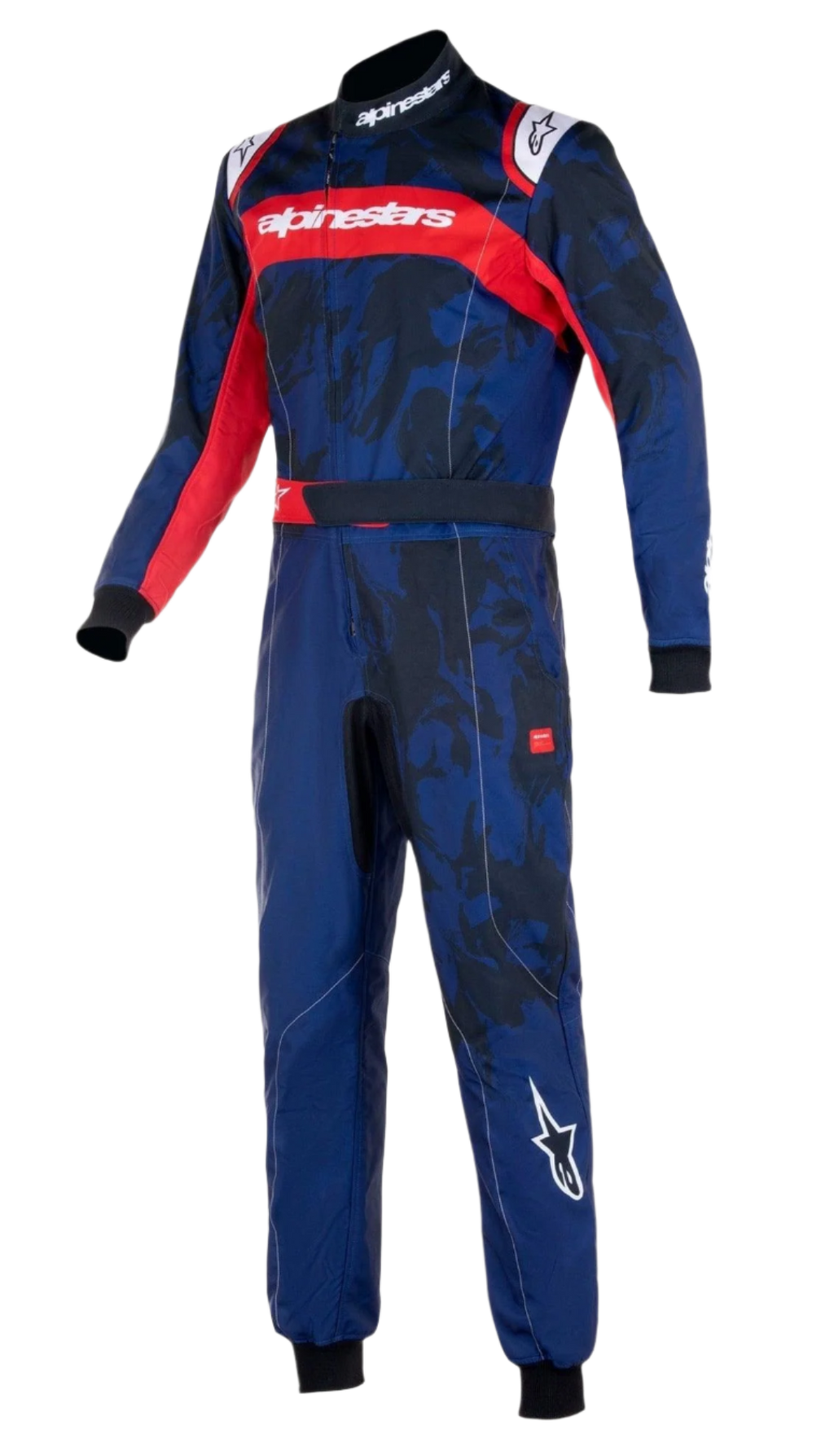 Alpinestars Youth KMX-9 V3 Suit Graphic 5, młodzieżowy kombinezon kartingowy, granatowo-czerwony, wzór graficzny inspirowany kamuflażem, czerwony pas na klatce piersiowej z białym logo Alpinestars, czarne dzianinowe mankiety