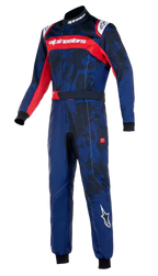 Alpinestars Youth KMX-9 V3 Suit Graphic 5, młodzieżowy kombinezon kartingowy, granatowo-czerwony, wzór graficzny inspirowany kamuflażem, czerwony pas na klatce piersiowej z białym logo Alpinestars, czarne dzianinowe mankiety