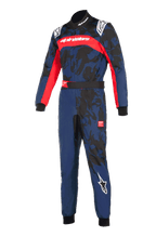 Alpinestars KMX-9 V3 Graphic 5 Suit, Navy Red karting suit, navy blue with black camouflage graphics and vibrant red accents, features Alpinestars logos on the chest, shoulders, and leg, professional racing gear design