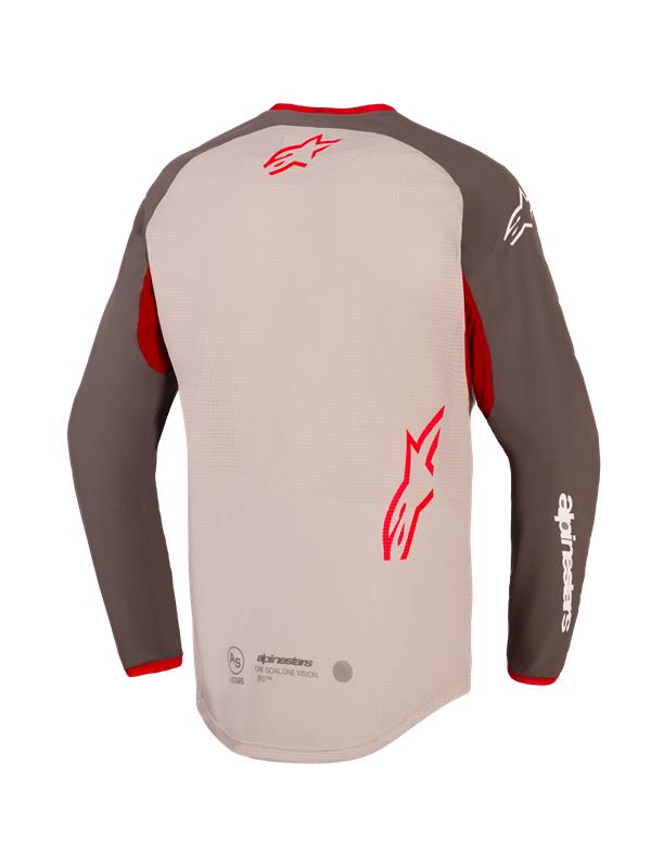 Alpinestars Maxdura Dual Jersey, widok z tyłu, kolor aluminium i orzechowy z czerwonymi akcentami, wydłużony tył i tors z pełnej siatki, czerwone logo Alpinestars w górnej i dolnej części pleców, białe logo na rękawie, odzież motocyklowa adventure i dual-sport