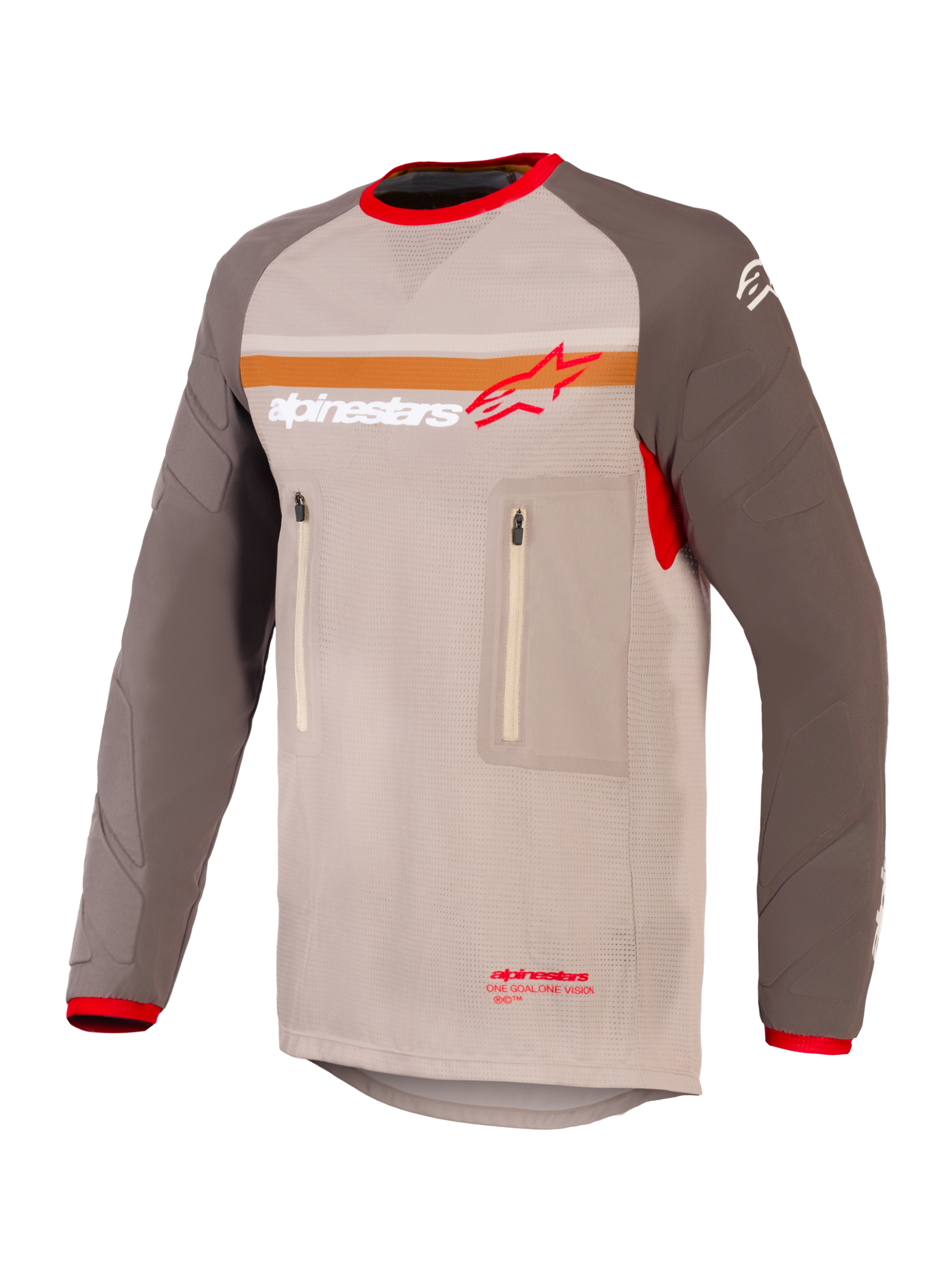 Alpinestars Maxdura Dual Jersey, koszulka motocyklowa Adventure i Dual-Sport, kolor Aluminum Walnut i brązowy, siatkowany tors z odpornymi na ścieranie rękawami, dwie kieszenie na klatce piersiowej zapinane na zamek, pomarańczowy pasek i logo Alpinestars na piersi, czerwone wykończenia kołnierzyka i mankietów