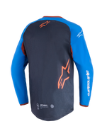 Alpinestars Maxdura Dual Jersey, koszulka motocyklowa, ciemnoszara i niebieska (royal blue), widok z tyłu pokazujący siatkowy panel na torsie i pomarańczowe logo gwiazdy, niebieskie rękawy z białym napisem Alpinestars, wydłużony tył dla lepszej wydajności off-road