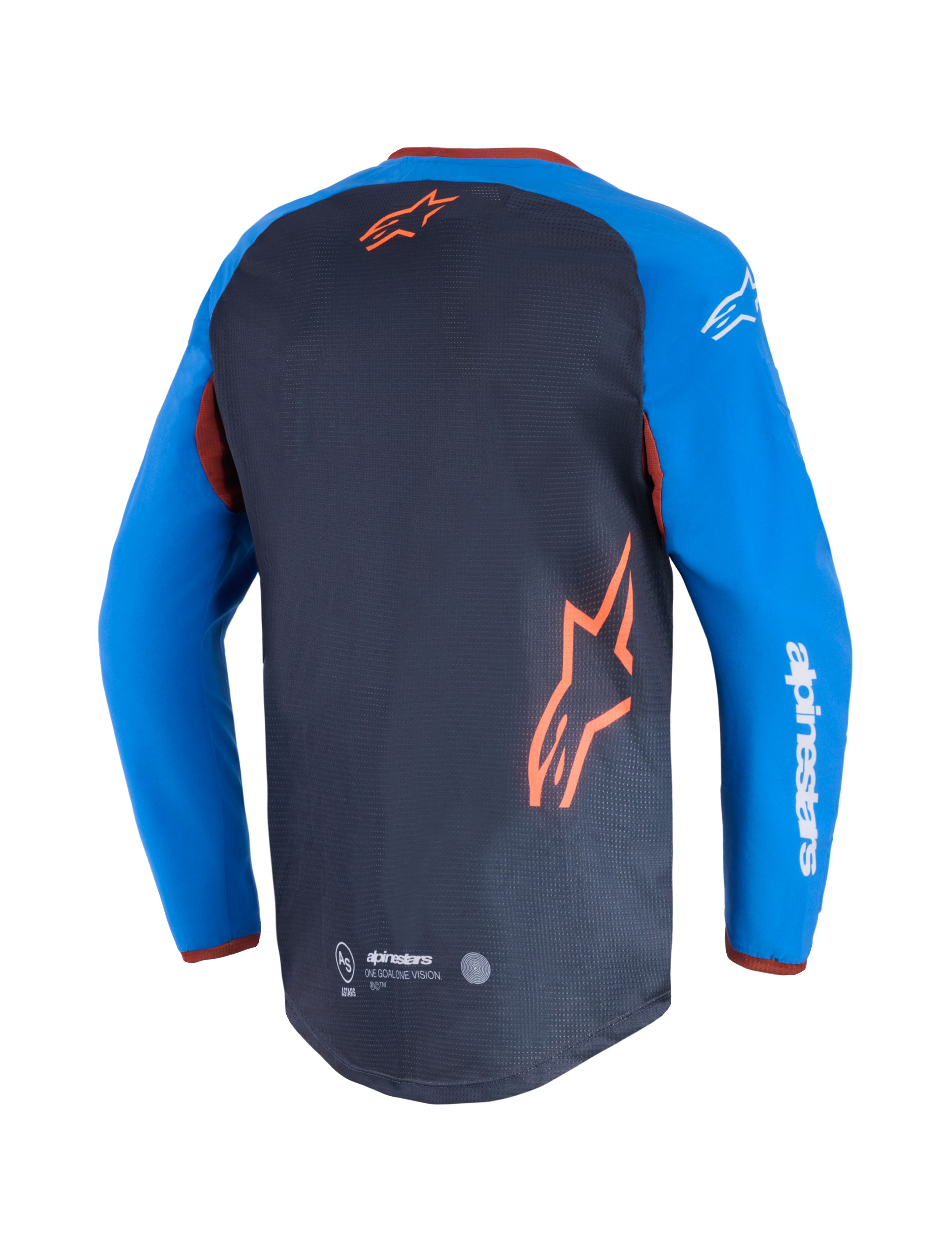 Alpinestars Maxdura Dual Jersey, koszulka motocyklowa, ciemnoszara i niebieska (royal blue), widok z tyłu pokazujący siatkowy panel na torsie i pomarańczowe logo gwiazdy, niebieskie rękawy z białym napisem Alpinestars, wydłużony tył dla lepszej wydajności off-road
