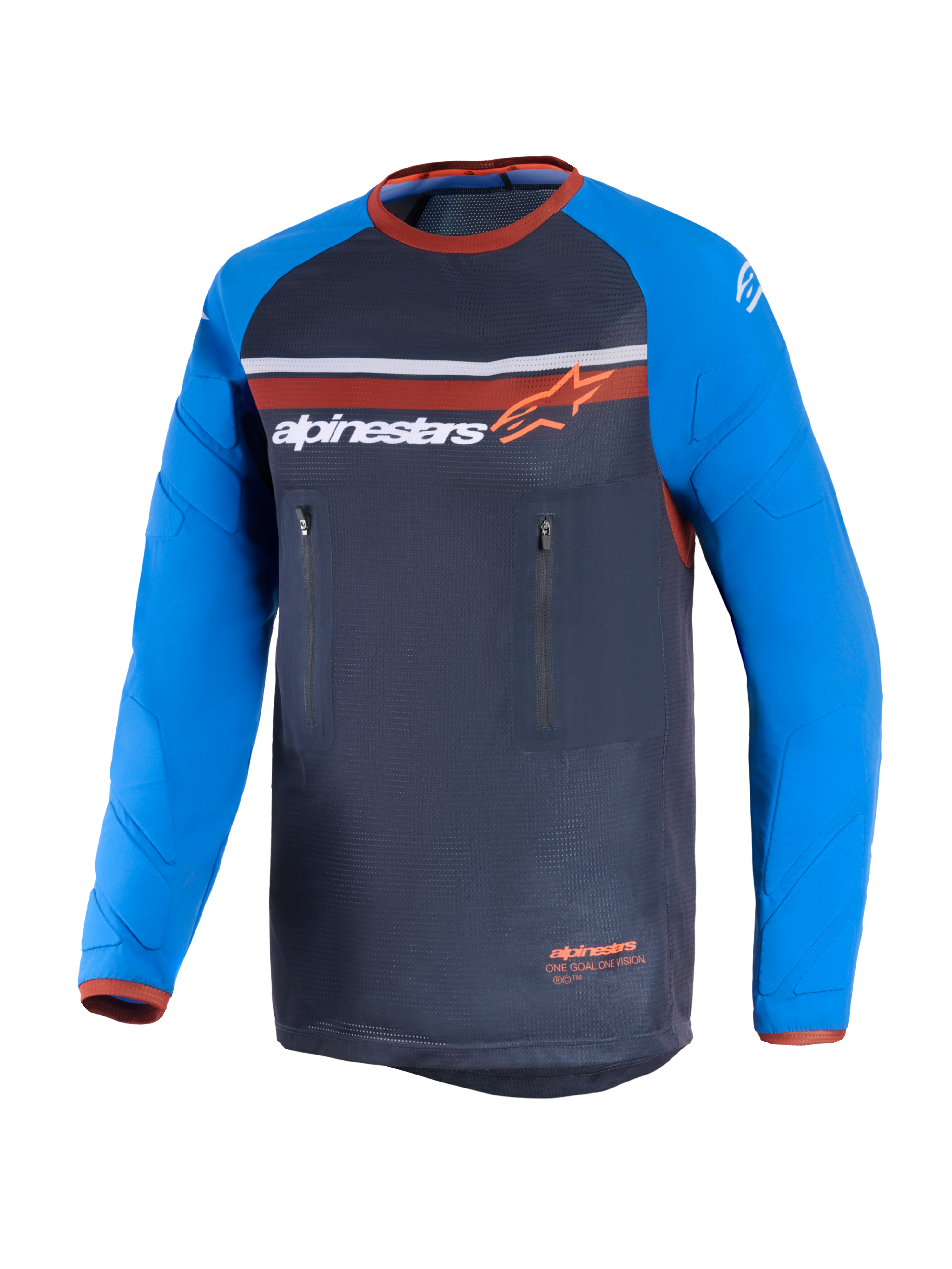 Alpinestars Maxdura Dual Jersey, ciemnoszara i niebieska, koszulka motocyklowa dual-sport z torsem z pełnej siatki, odpornymi na ścieranie długimi rękawami ze wzmocnieniami, pomarańczowymi akcentami i dwiema pionowymi kieszeniami na piersi zapinanymi na zamek