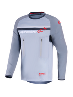 Alpinestars Maxdura Dual Jersey, Adventure Motorcycle Jersey, Mid Gray and Dark Gray, front view featuring vertical zippered chest pockets, abrasion-resistant sleeves with integrated padding, and Alpinestars branding in red and white, performance gear for off-road riding