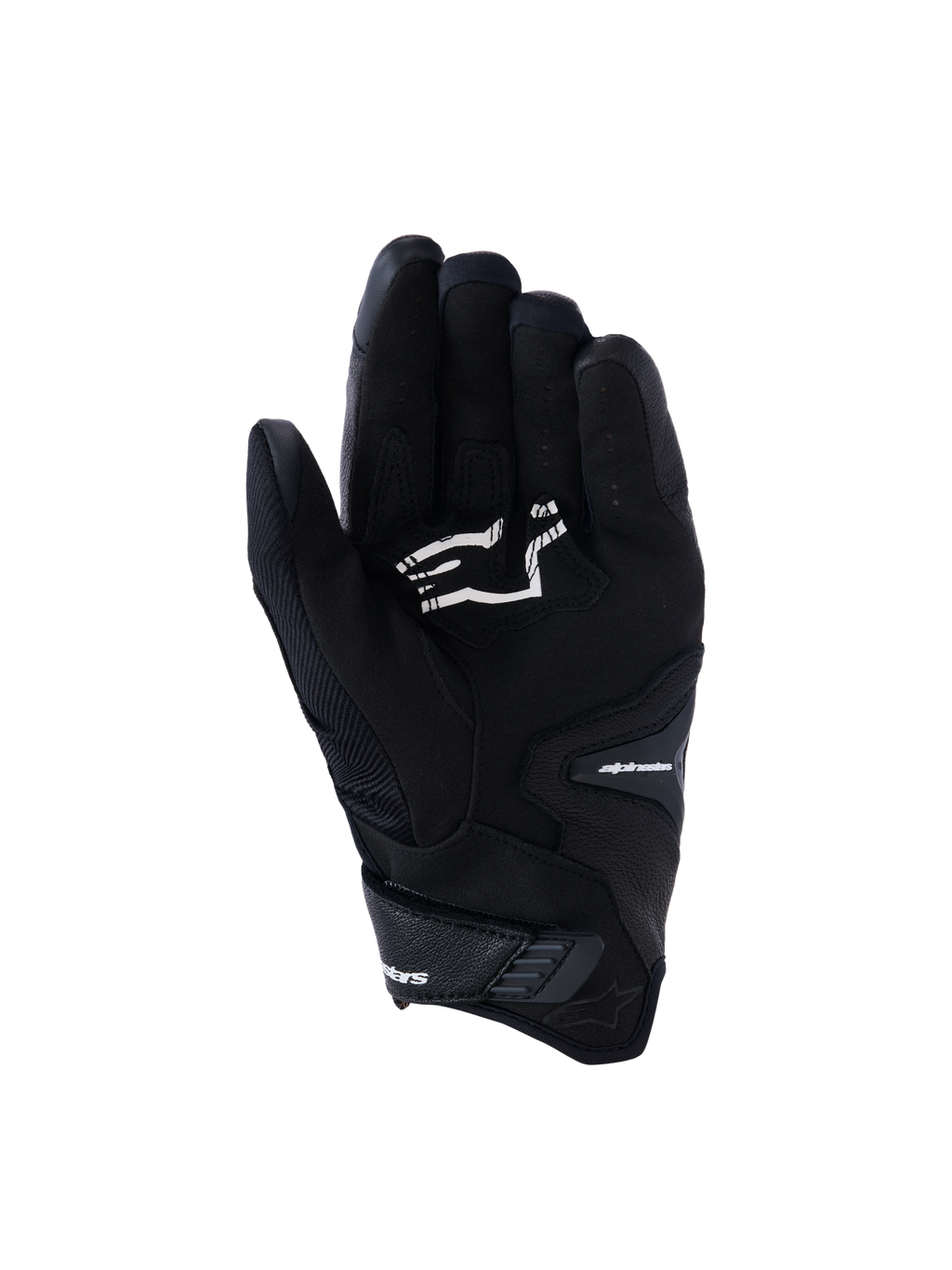 Rękawice Alpinestars SP-R Pro, czarne krótkie rękawice motocyklowe, widok od strony dłoni ukazujący wzmocnienia chwytu i białe logo Alpinestars, zaprojektowane do jazdy sportowej.